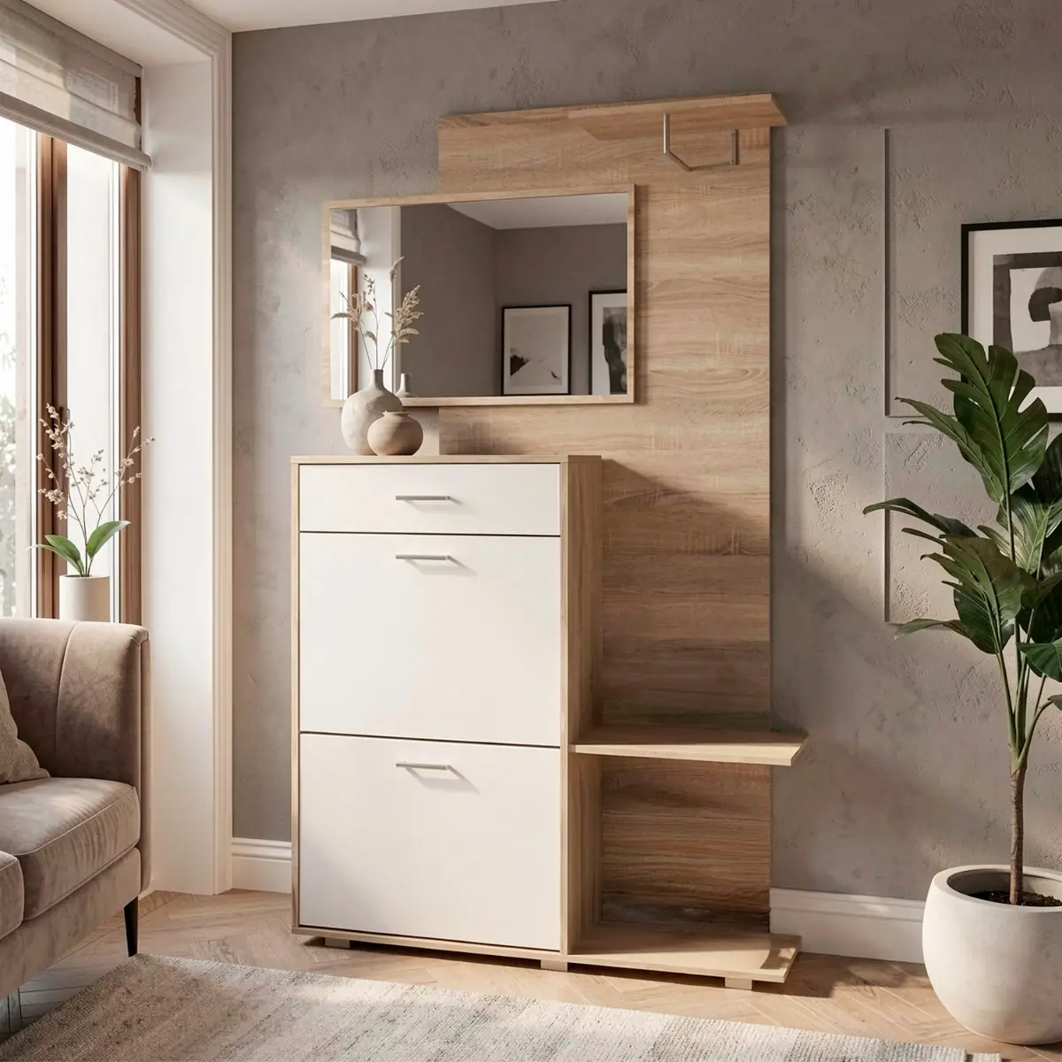 Ingresso Scarpiera con Specchio 2 Ante a Ribalta Cassetto Appendibiti e Mensola Mobile Salvaspazio Moderno per Ingresso Corridoio Stile Nordico 192 x 120 x 24.5 Cm