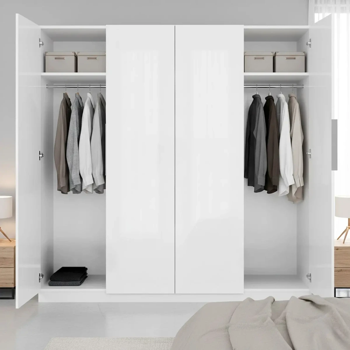 Armadio a 4 Ante Battenti con 2 Barre Appendiabiti e Ripiano interno Guardaroba Moderno per Camera da Letto Cabina Armadio Stanza Ospiti Design Moderno Minimal 180 x 200 x 52 Cm