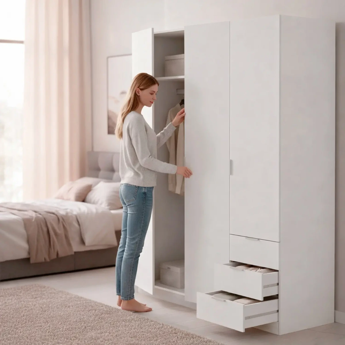 Armadio con 3 Ante Battenti e 3 Cassetti Armadietto con Asta Appendi Abiti e 3 Ripiani Ideale per Camera da Letto Soggiorno Salone Ingresso Design Moderno Lancaster 180x121x52 Cm