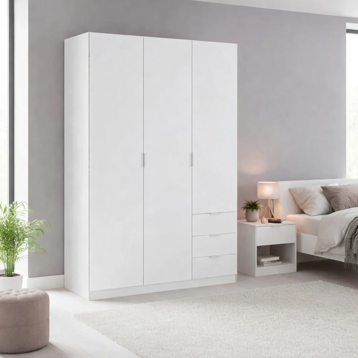 Armadio con 3 Ante Battenti e 3 Cassetti Armadietto con Asta Appendi Abiti e 3 Ripiani Ideale per Camera da Letto Soggiorno Salone Ingresso Design Moderno Lancaster 180x121x52 Cm