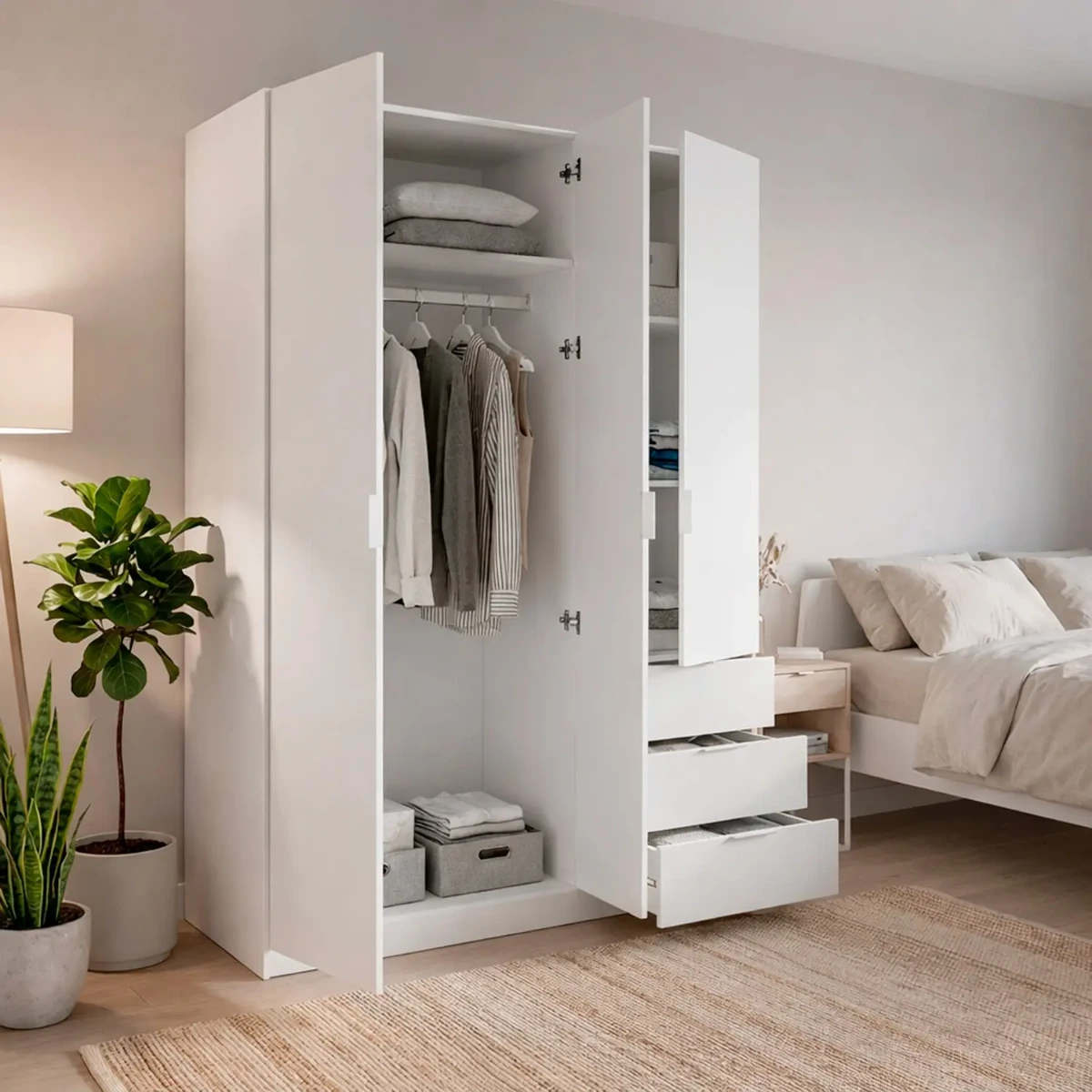 Armadio con 3 Ante Battenti e 3 Cassetti Armadietto con Asta Appendi Abiti e 3 Ripiani Ideale per Camera da Letto Soggiorno Salone Ingresso Design Moderno Lancaster 180x121x52 Cm