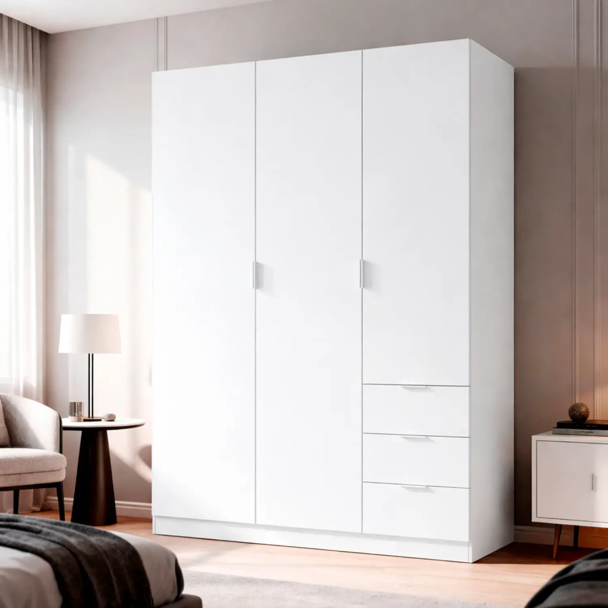 Armadio con 3 Ante Battenti e 3 Cassetti Armadietto con Asta Appendi Abiti e 3 Ripiani Ideale per Camera da Letto Soggiorno Salone Ingresso Design Moderno Lancaster 180x121x52 Cm