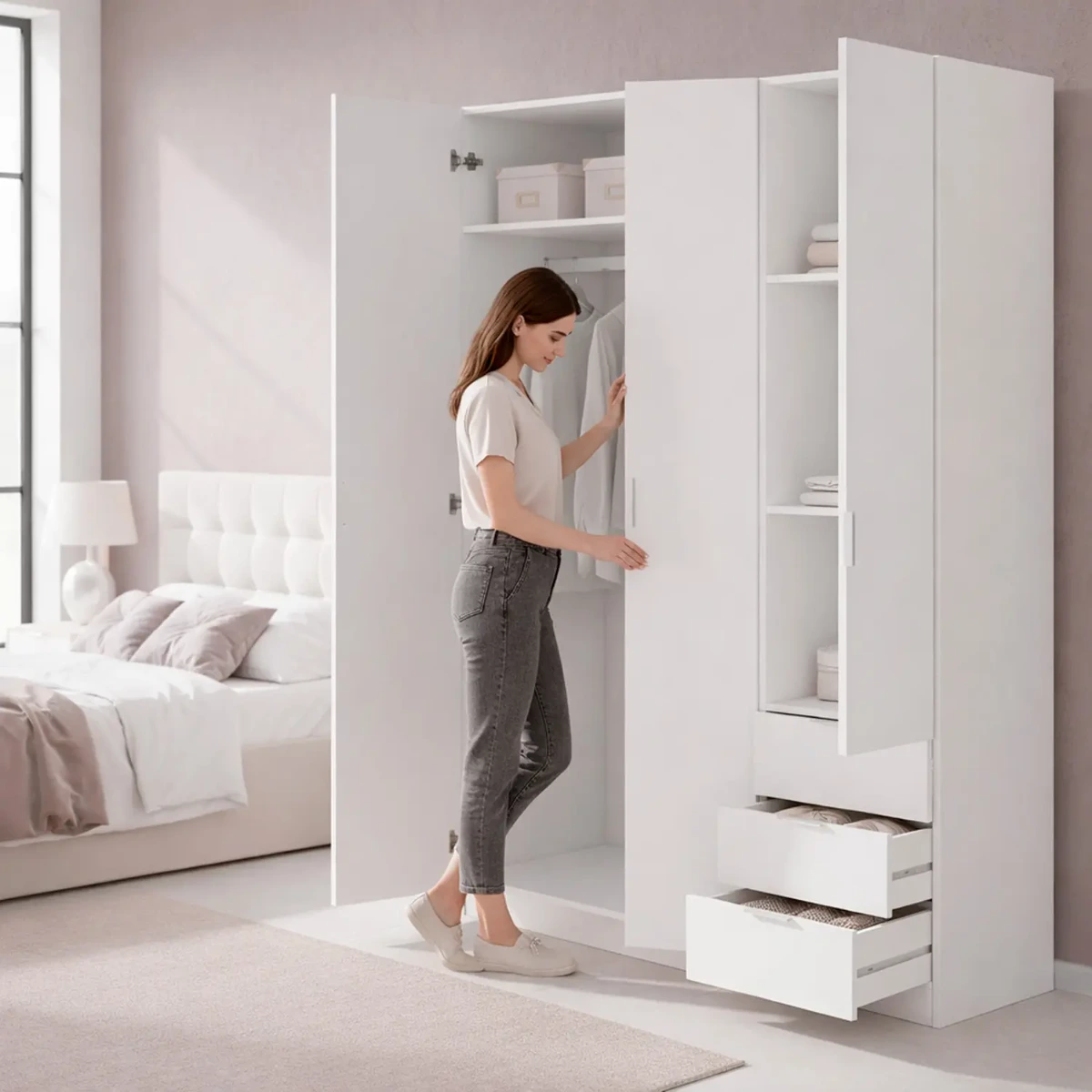 Armadio con 3 Ante Battenti e 3 Cassetti Armadietto con Asta Appendi Abiti e 3 Ripiani Ideale per Camera da Letto Soggiorno Salone Ingresso Design Moderno Lancaster 180x121x52 Cm