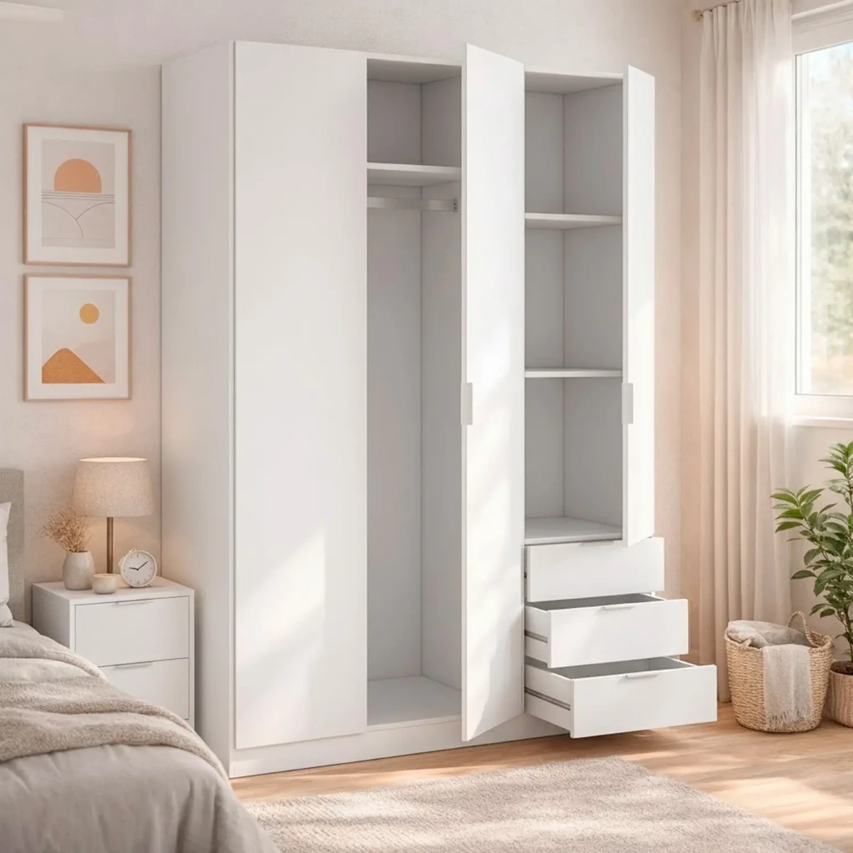 Armadio con 3 Ante Battenti e 3 Cassetti Armadietto con Asta Appendi Abiti e 3 Ripiani Ideale per Camera da Letto Soggiorno Salone Ingresso Design Moderno Lancaster 180x121x52 Cm