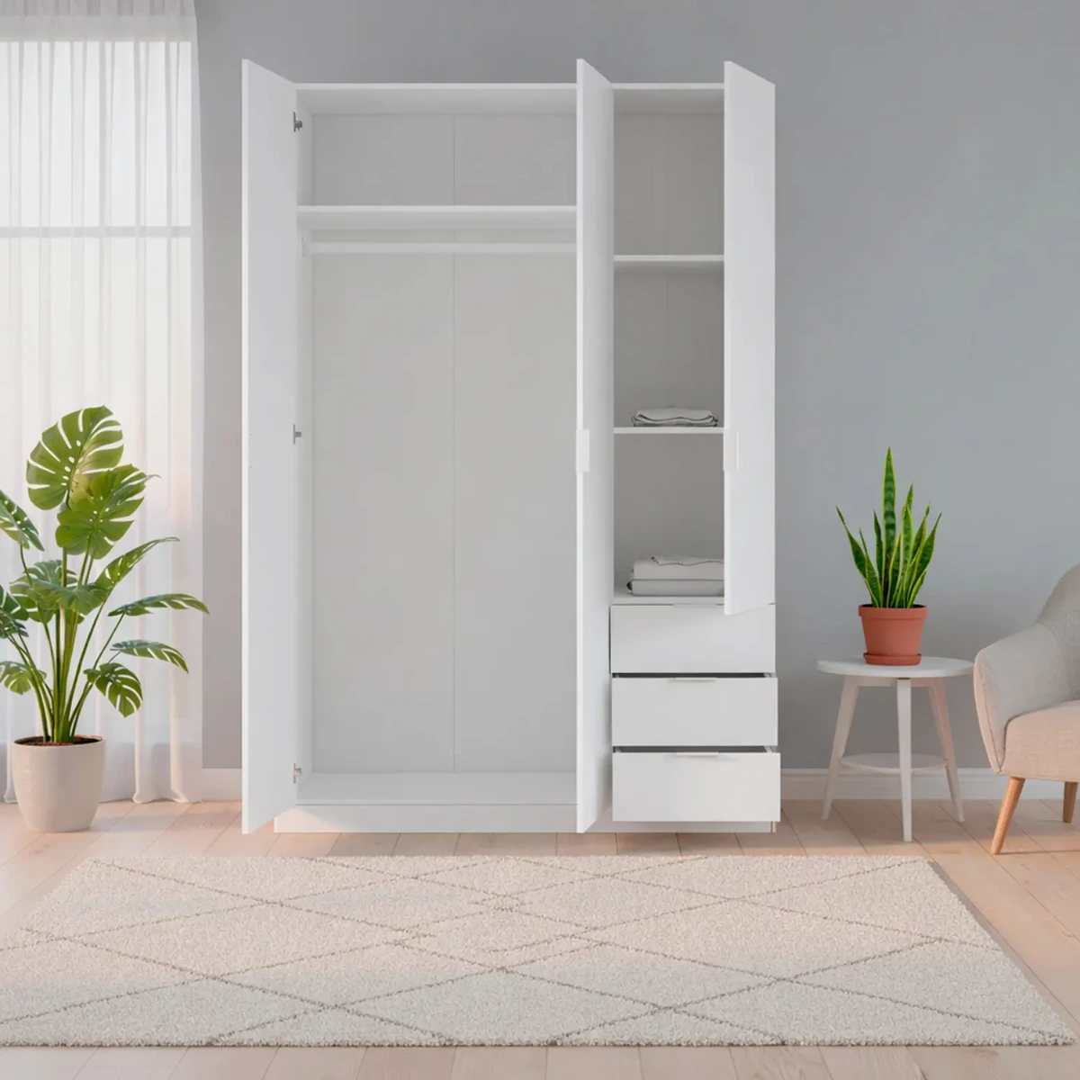 Armadio con 3 Ante Battenti e 3 Cassetti Armadietto con Asta Appendi Abiti e 3 Ripiani Ideale per Camera da Letto Soggiorno Salone Ingresso Design Moderno Lancaster 180x121x52 Cm