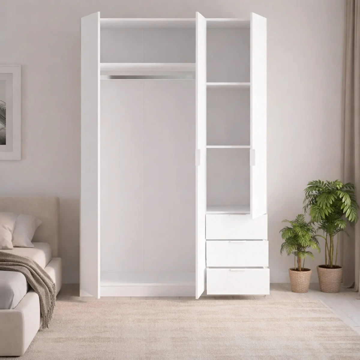 Armadio con 3 Ante Battenti e 3 Cassetti Armadietto con Asta Appendi Abiti e 3 Ripiani Ideale per Camera da Letto Soggiorno Salone Ingresso Design Moderno Lancaster 180x121x52 Cm