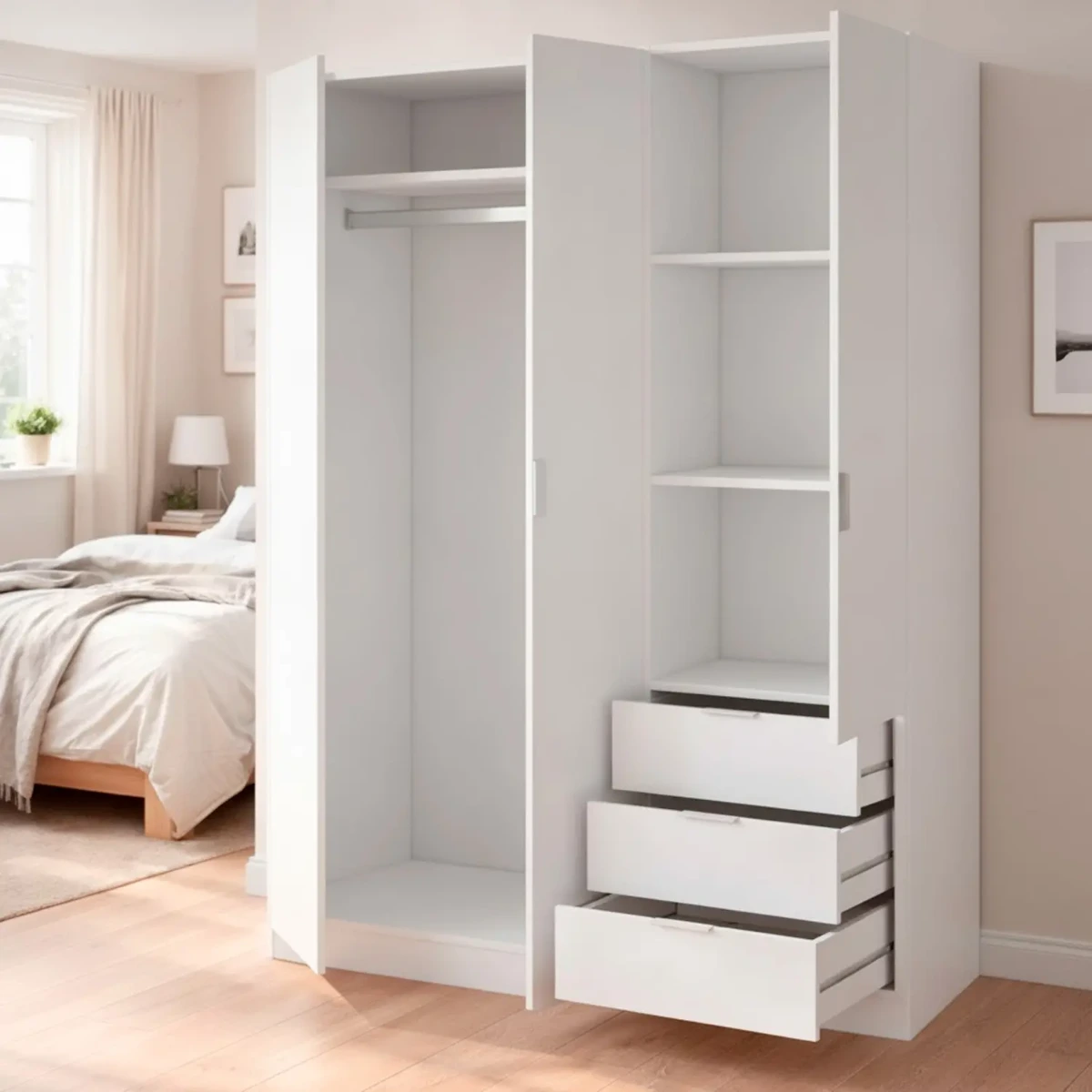 Armadio con 3 Ante Battenti e 3 Cassetti Armadietto con Asta Appendi Abiti e 3 Ripiani Ideale per Camera da Letto Soggiorno Salone Ingresso Design Moderno Lancaster 180x121x52 Cm