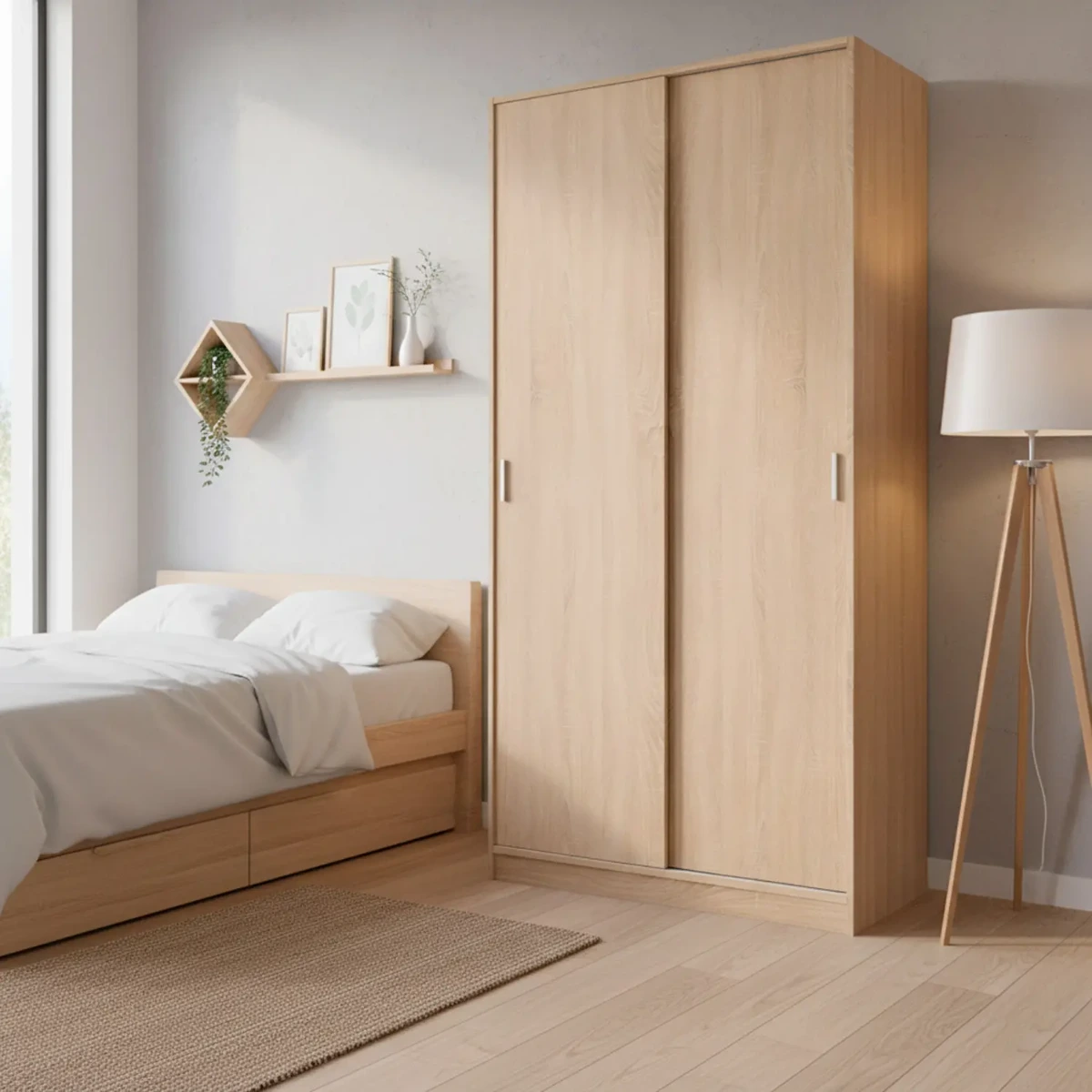 Armadio Guardaroba Vestiti 2 Ante Scorrevoli 1 Ripiano con Barra Appendiabiti Salvaspazio Ideale per Arredare Camera da Letto Stanza Matrimoniale Cameretta 200 x 100 x 50 Cm
