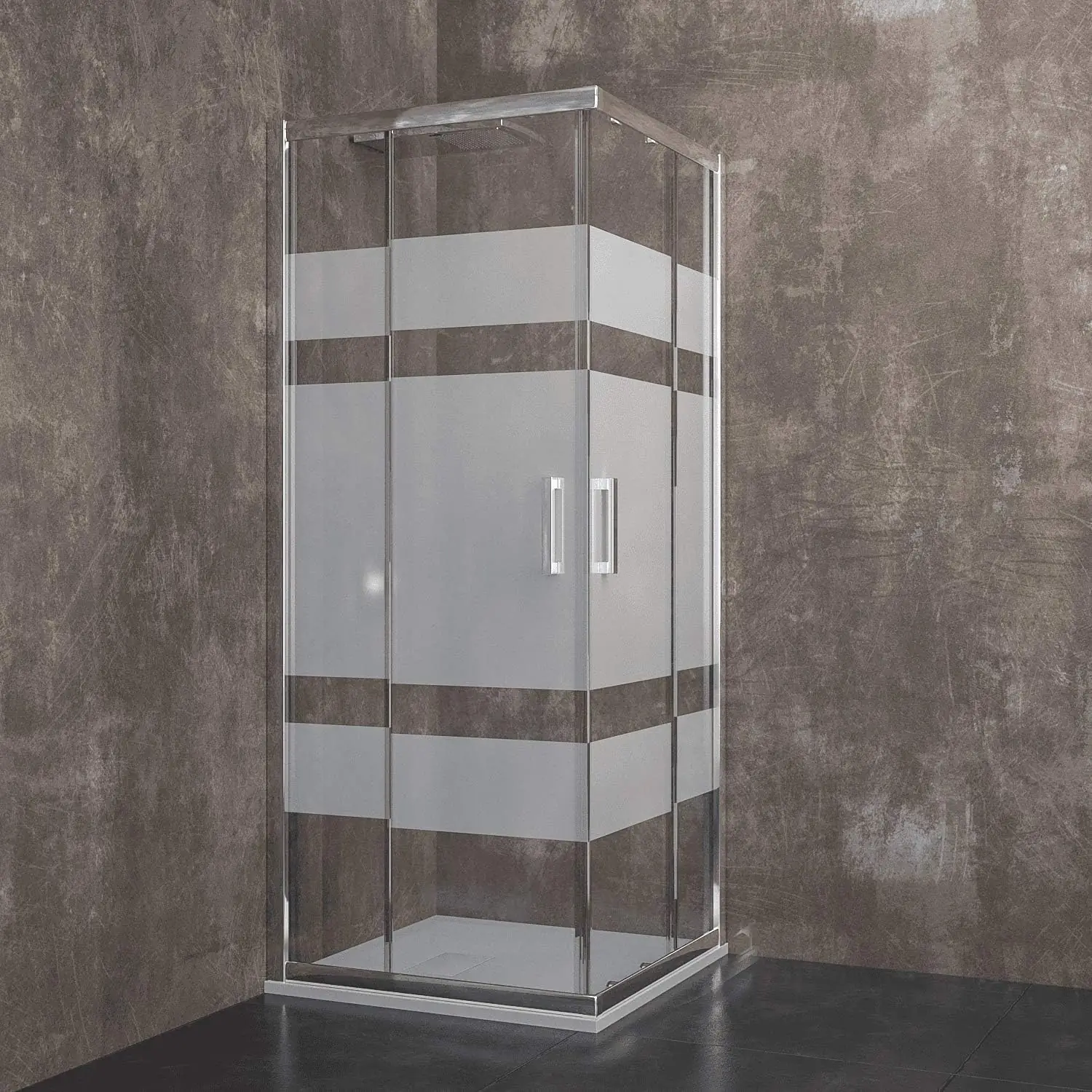 Box Doccia Quadrato Cabina Bagno con Porte Scorrevoli Ante in Cristallo Temperato Serigrafato Struttura Alluminio Anodizzato Maniglie in Acciaio Cromato Ginevra 