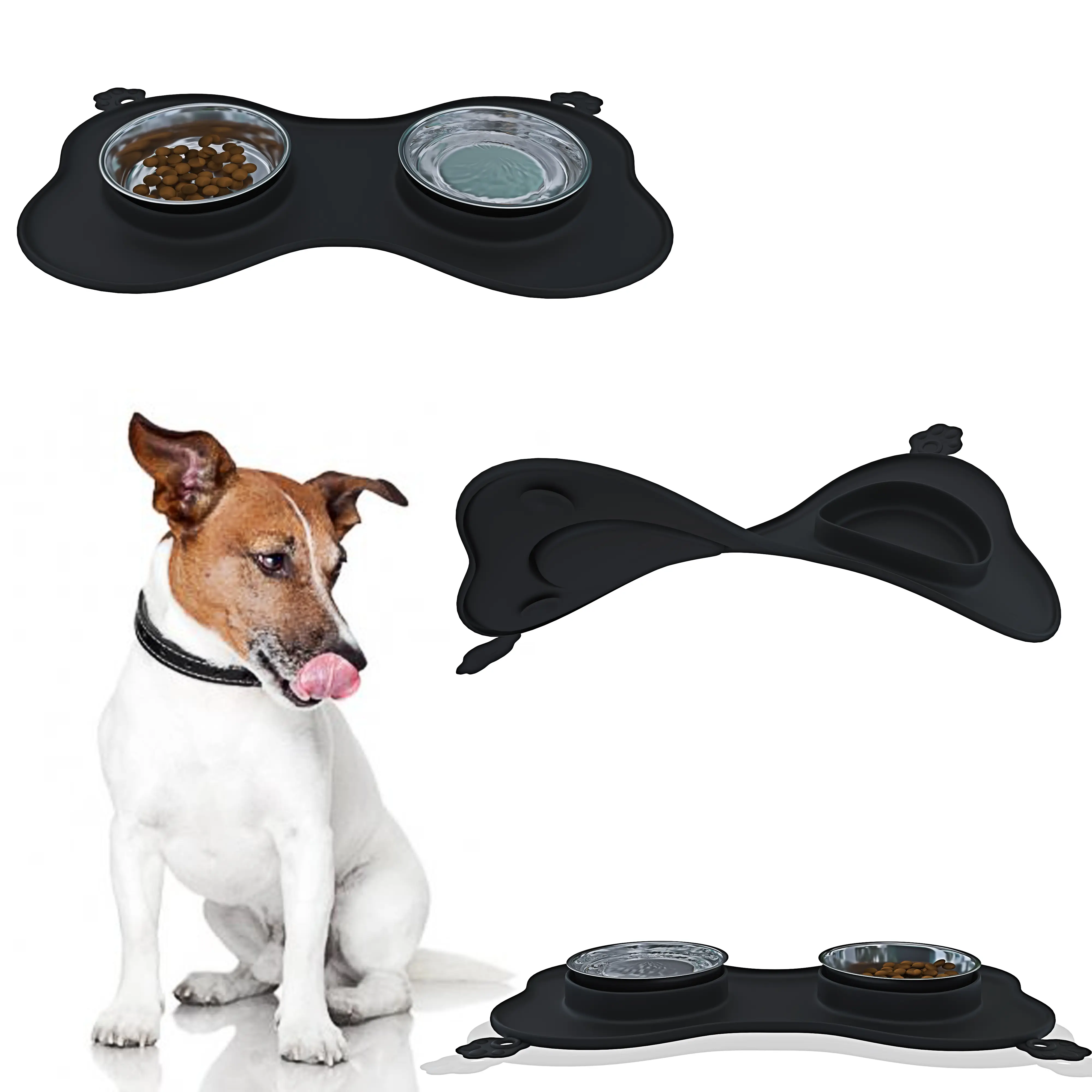 Ciotole Cani Gatti in Doppia Ciotola Acciaio Inox Croccantini Alimentazione Tappetino Silicone Sottociotola Antiribaltamento Antiscivolo Ventose
