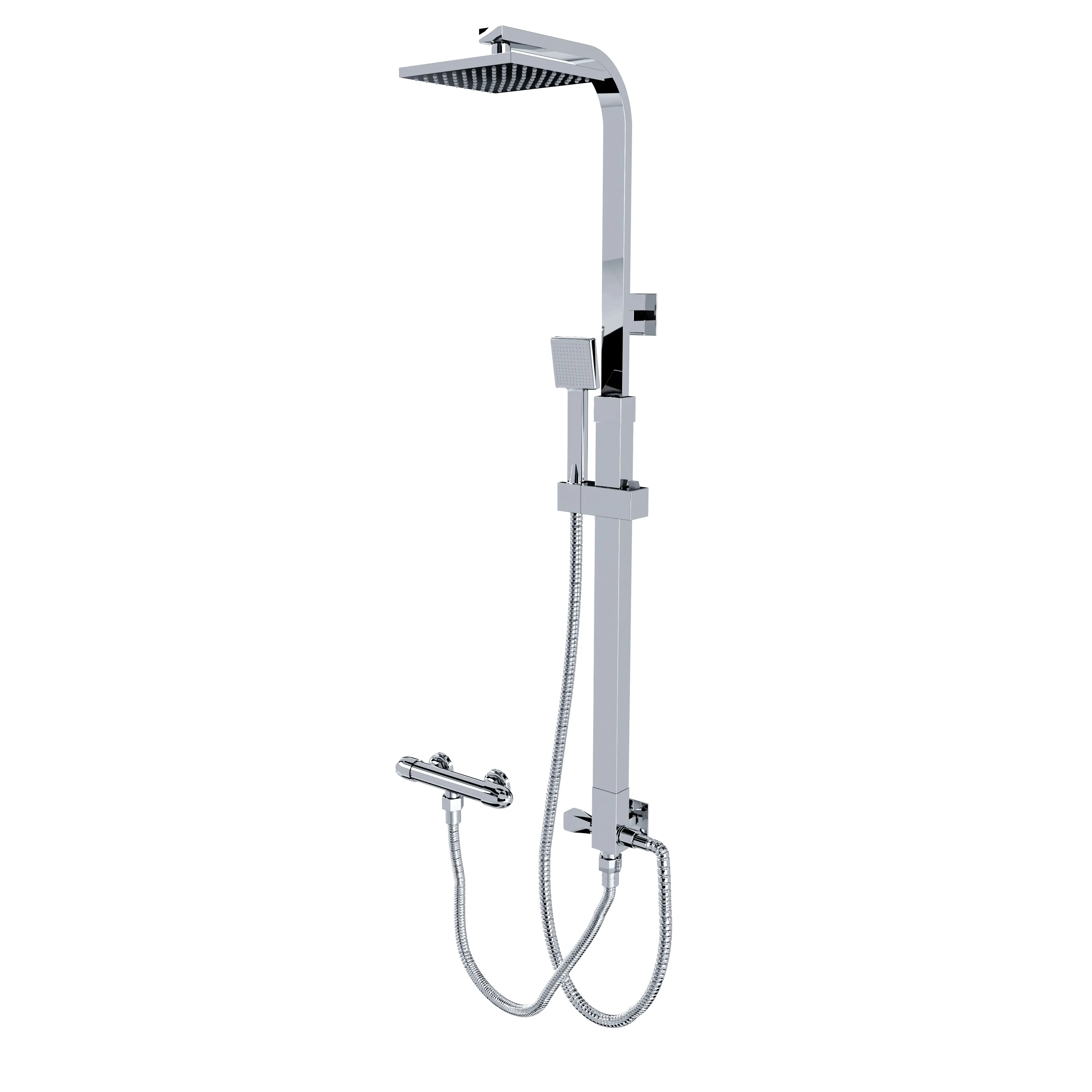 Colonna Doccia Completa in Ottone Cromato Soffione Quadrato Doccetta Set Design Moderno Multifunzione Getto a Pioggia Senza Miscelatore Asta Regolabile