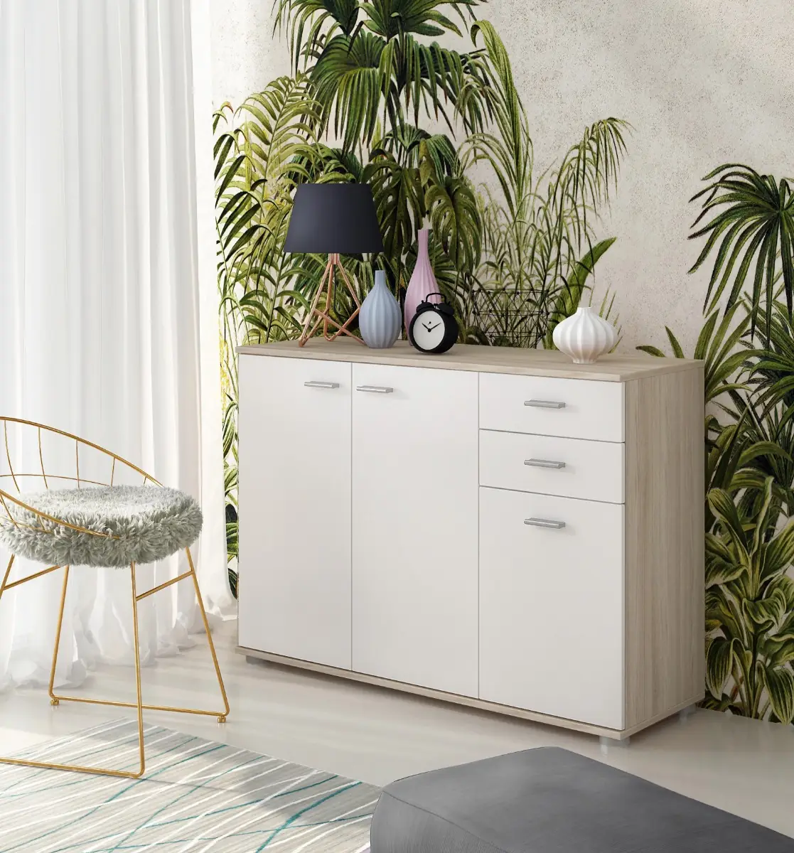 Credenza 3 Ante e 2 Cassetti, Credenza Soggiorno Cucina, Madia Moderna Multi Spazio, Mobile Credenza in Legno