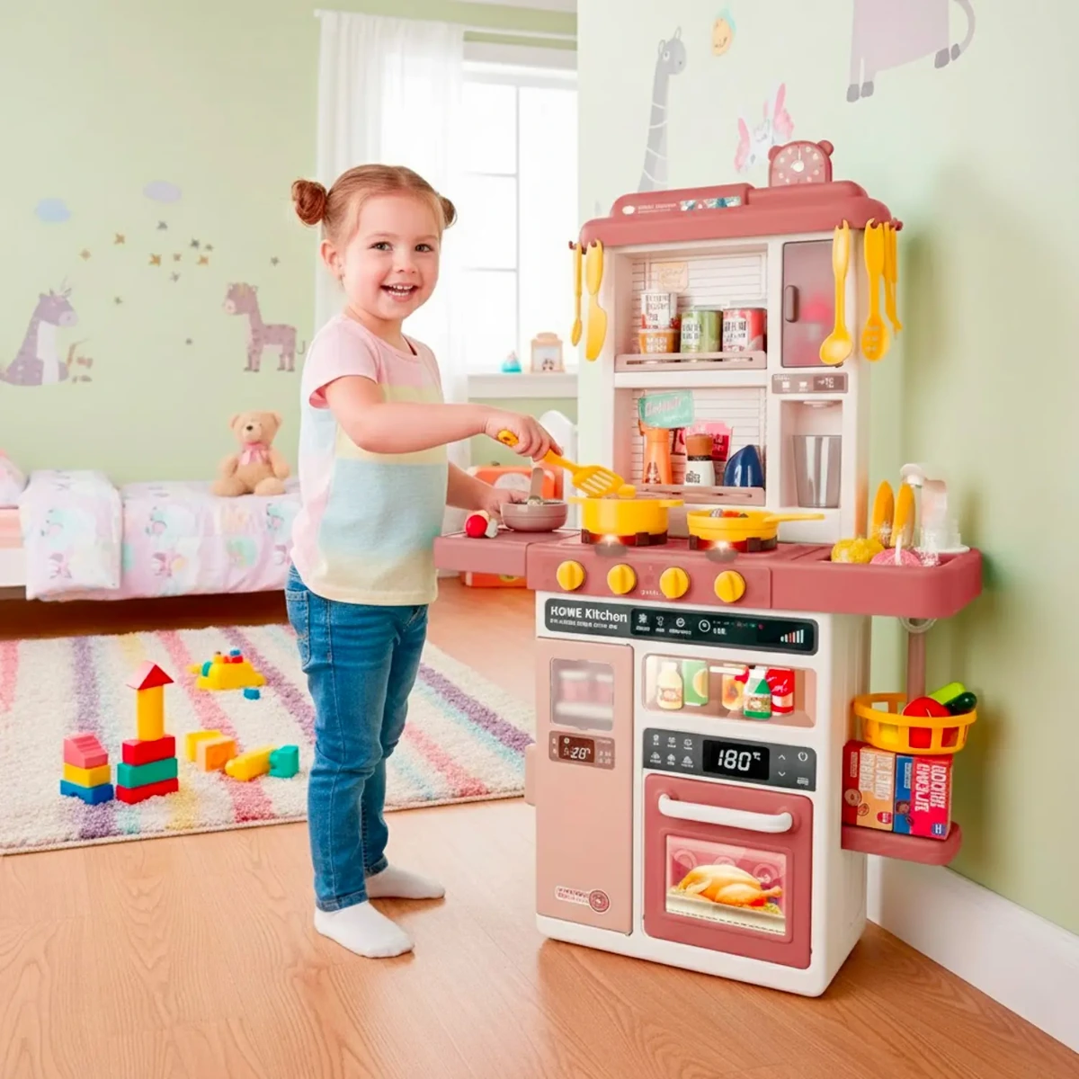 Cucina Giocattolo Bambini con Luci e Suoni Realistici Rubinetto con Riciclo Acqua Forno e Fornelli Apribili 50 Accessori inclusi Gioco Educativo per Bambini Dai 3–8 Anni
