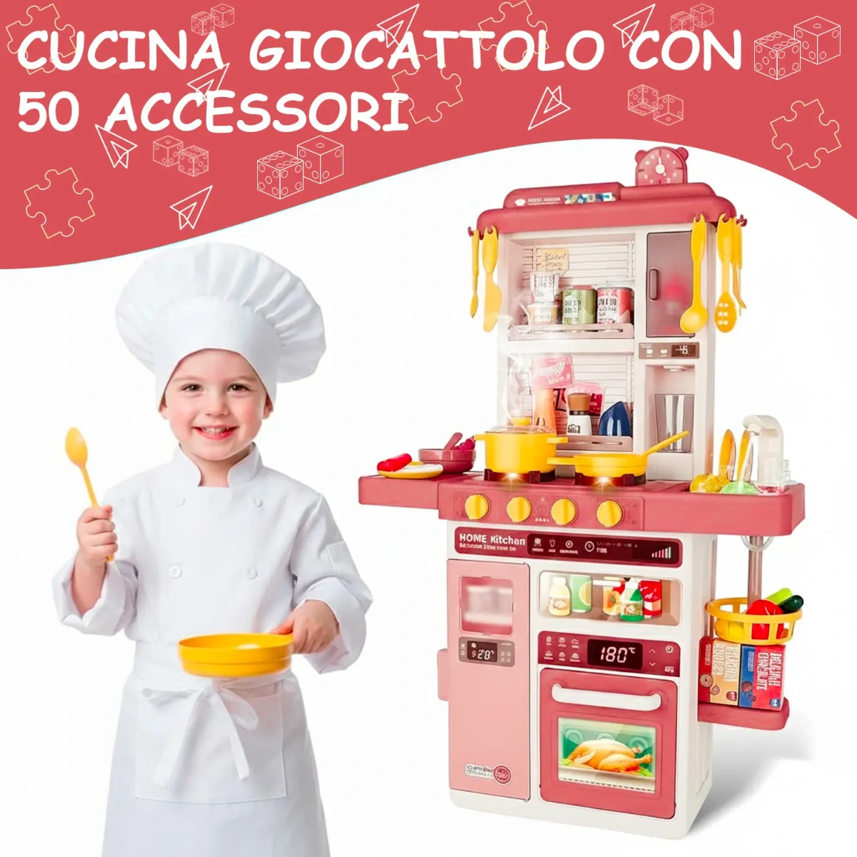 Cucina Giocattolo Bambini con Luci e Suoni Realistici Rubinetto con Riciclo Acqua Forno e Fornelli Apribili 50 Accessori inclusi Gioco Educativo per Bambini Dai 3–8 Anni