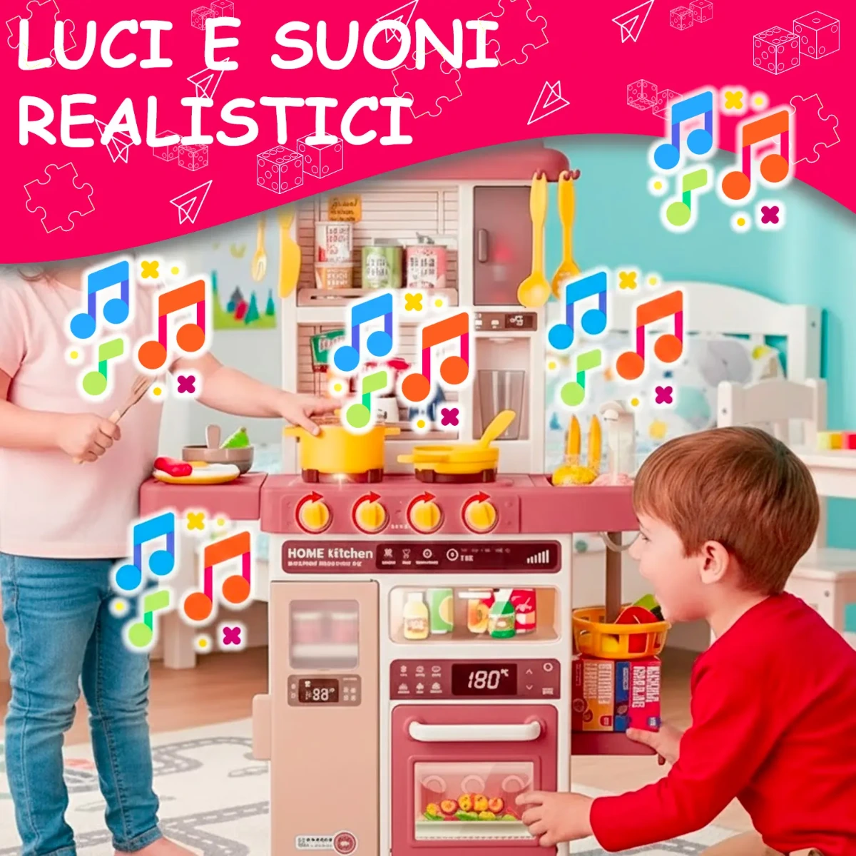Cucina Giocattolo Bambini con Luci e Suoni Realistici Rubinetto con Riciclo Acqua Forno e Fornelli Apribili 50 Accessori inclusi Gioco Educativo per Bambini Dai 3–8 Anni