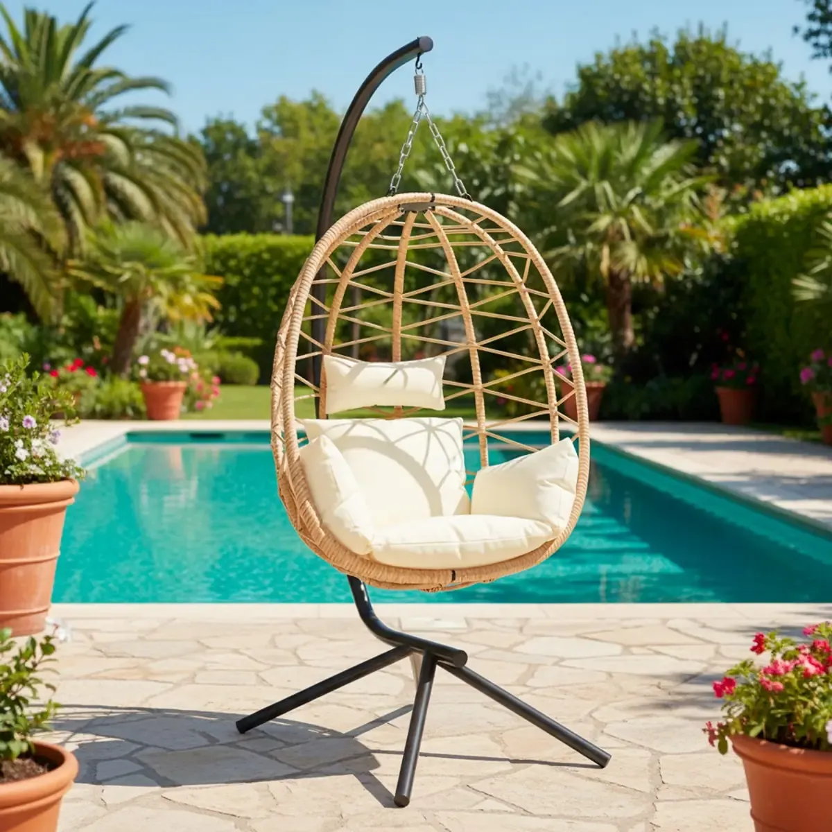 Poltrona Sospesa Oscillante Per Giardino Terrazzo Sedia Relax A Uovo Pensile Dondolo Esterno Nido In Polyrattan Cuscino Poliestere Imbottito Struttura Acciaio Design Moderno 198 x 110 x 95 cm Beige