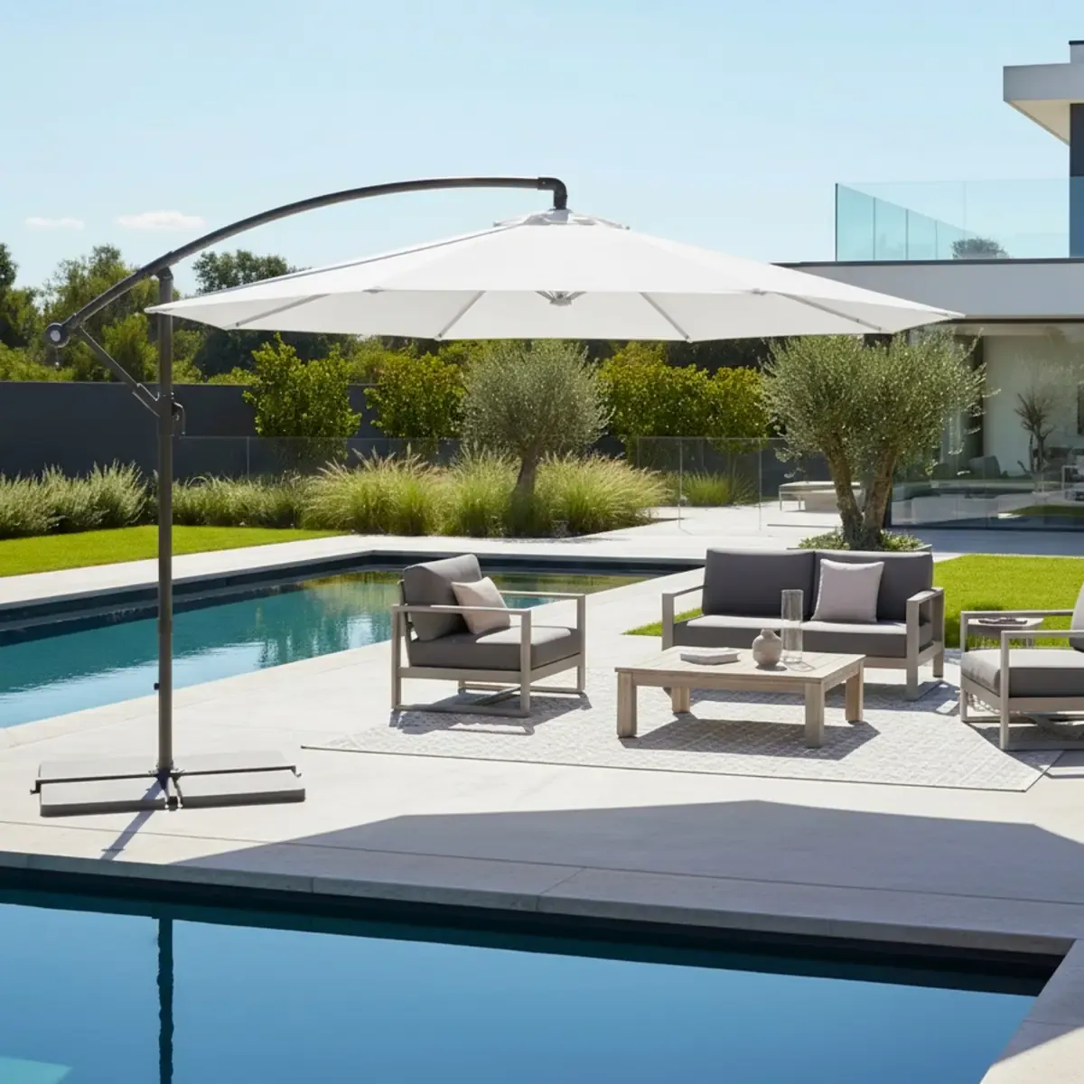Ombrellone 3x3 M Giardino Retrattile Decentrato Per Esterni Piscina Gazebo Terrazze Bar Hotel In Acciaio Inossidabile Braccio Rotabile 360° Telo 180 g/m2 Impermeabile Resistente Ai Raggi UV Bianco