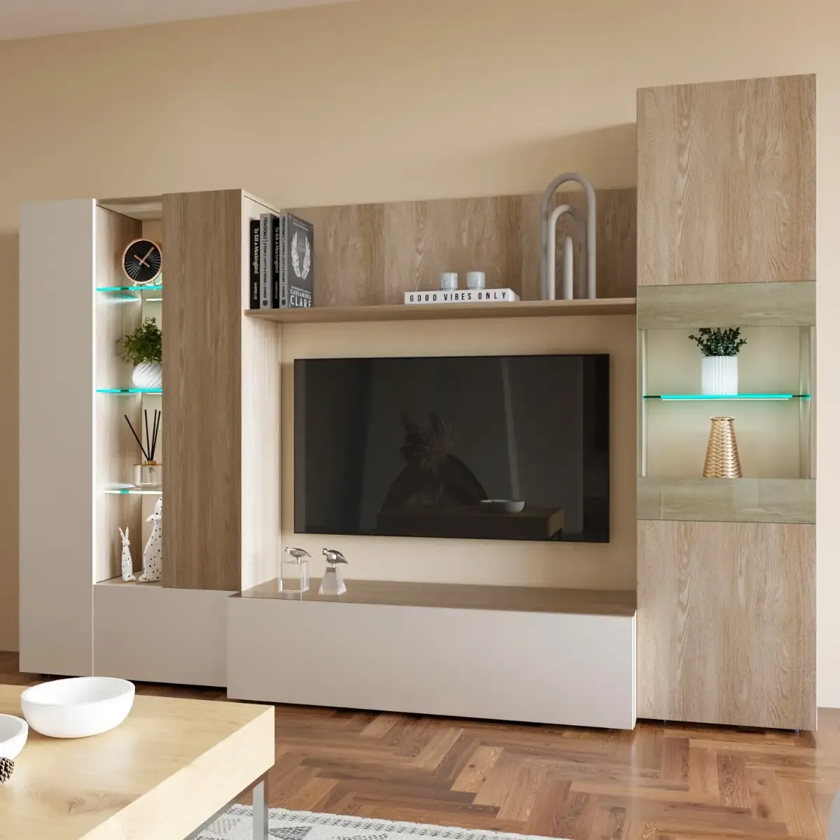 Parete Attrezzata Mobile Soggiorno TV Per Salotto Base Televisione Con Scaffali Illuminati Con LED Per Sala Da Pranzo Design Legno Moderno 260 x 185  x 42 cm Colore Bianco Lucido - Rovere