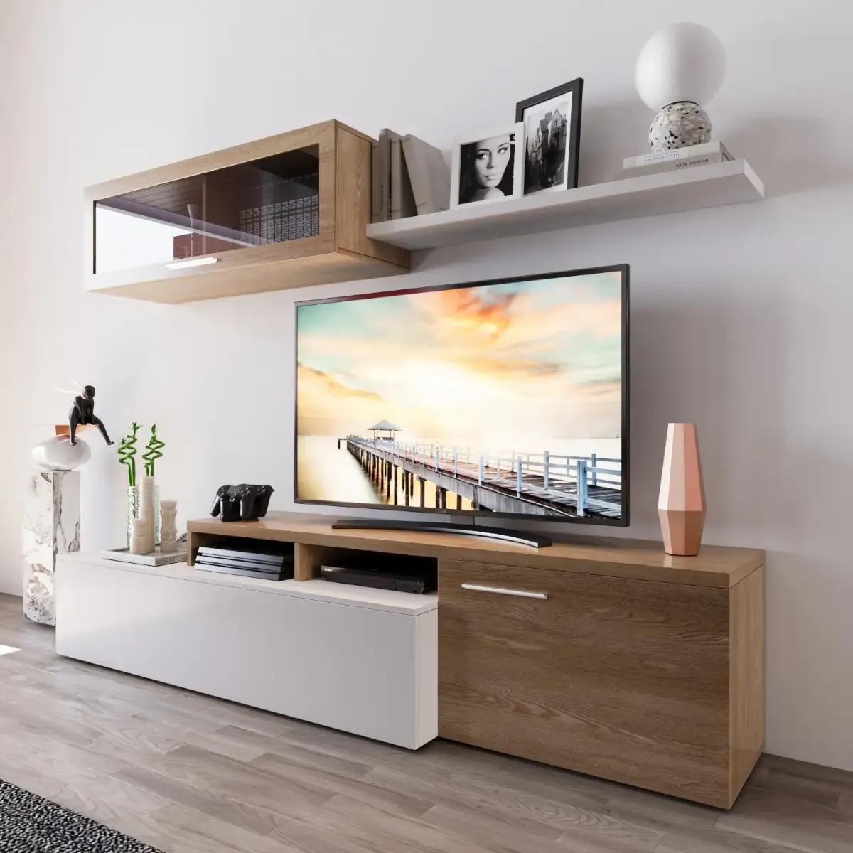 Parete Attrezzata Soggiorno Moderna Salotto con Mobile TV Modulo Sospeso Con Anta in Vetro Fum&eacute; E Mensola Stile Scandinavo Moderno 200 x 43 x 41 Cm Bianco e Rovere