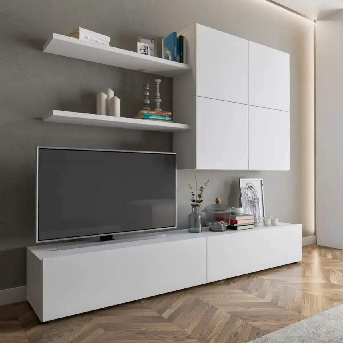 Parete Attrezzata Mobile Soggiorno Moderno Con Base TV 2 Ante Pensile 4 Ante e 2 Mensole Design Contemporaneo in Melaminico Facile da Pulire 200 x 194 x 40 cm Bianco