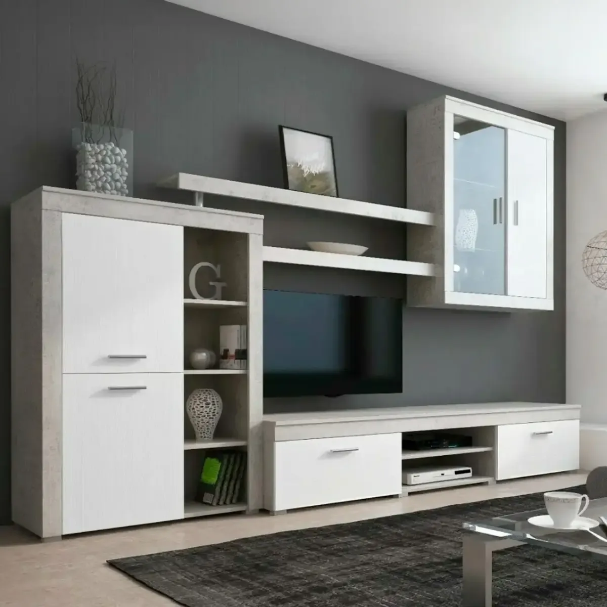 Parete Attrezzata Da Soggiorno Salotto Moderna Con Ante Mensole Vani A Giorno Vetrinetta Mobile TV Design Moderno Moduli Sospesi 293 x 193 x 50 Cm Bianco E Grigio Cemento