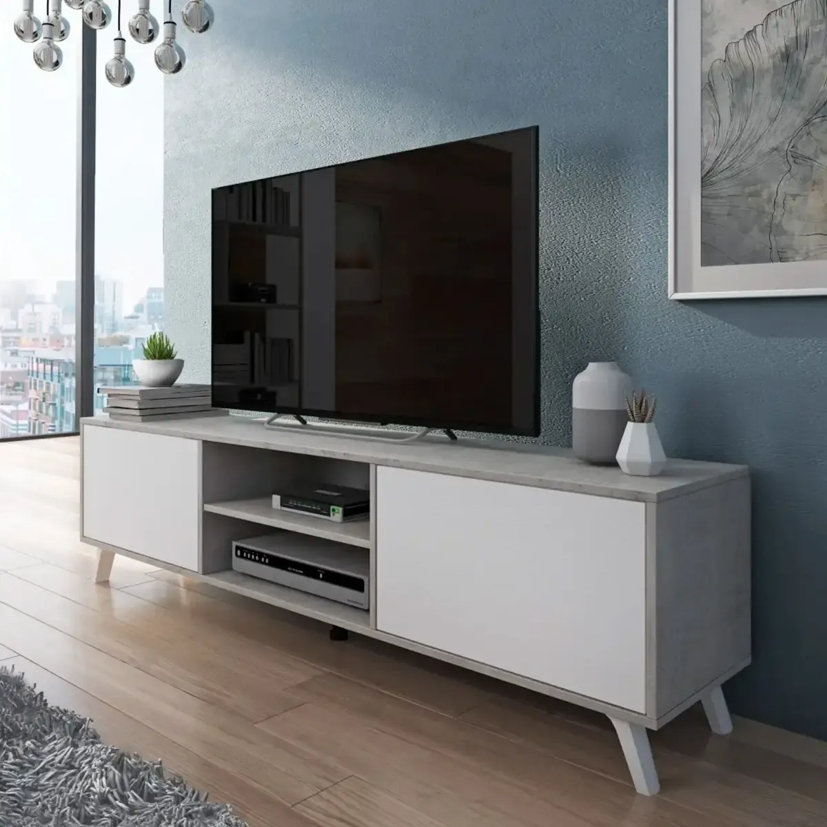 Mobile TV Moderno Con 2 Ante Battenti Ripiani Centrali Aperti Gambe Design Scandinavo Per Televisori fino a 75&rdquo; 180 x 39,6 x 49 Cm Grigio Cemento E Bianco