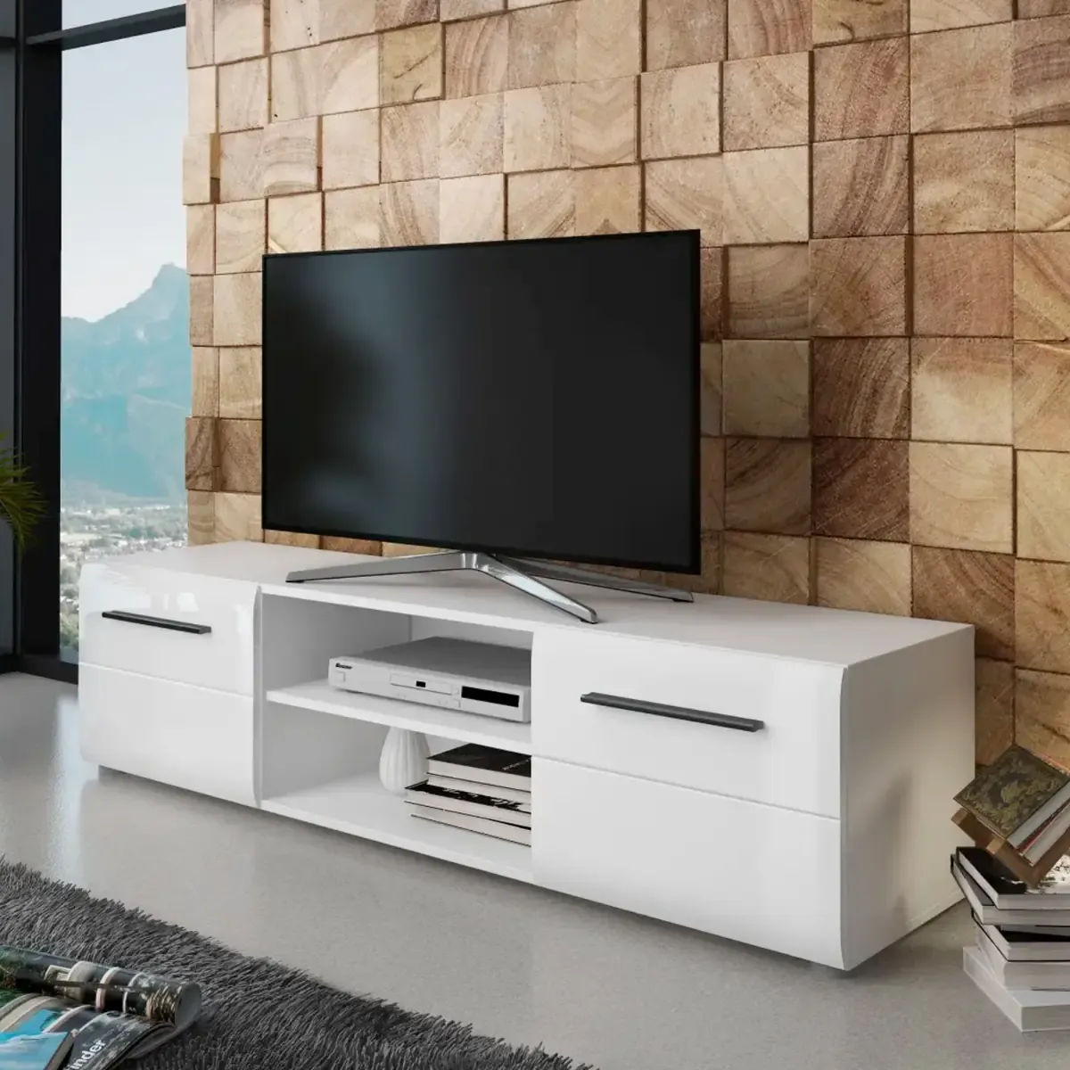 Mobile Porta TV Con Maniglie Nere Con 2 Ante E 2 Ripiani Aperti Design Moderno per Soggiorno Adatto A TV fino a 65 Pollici 160 x 40 x 39,6 Cm Bianco Lucido