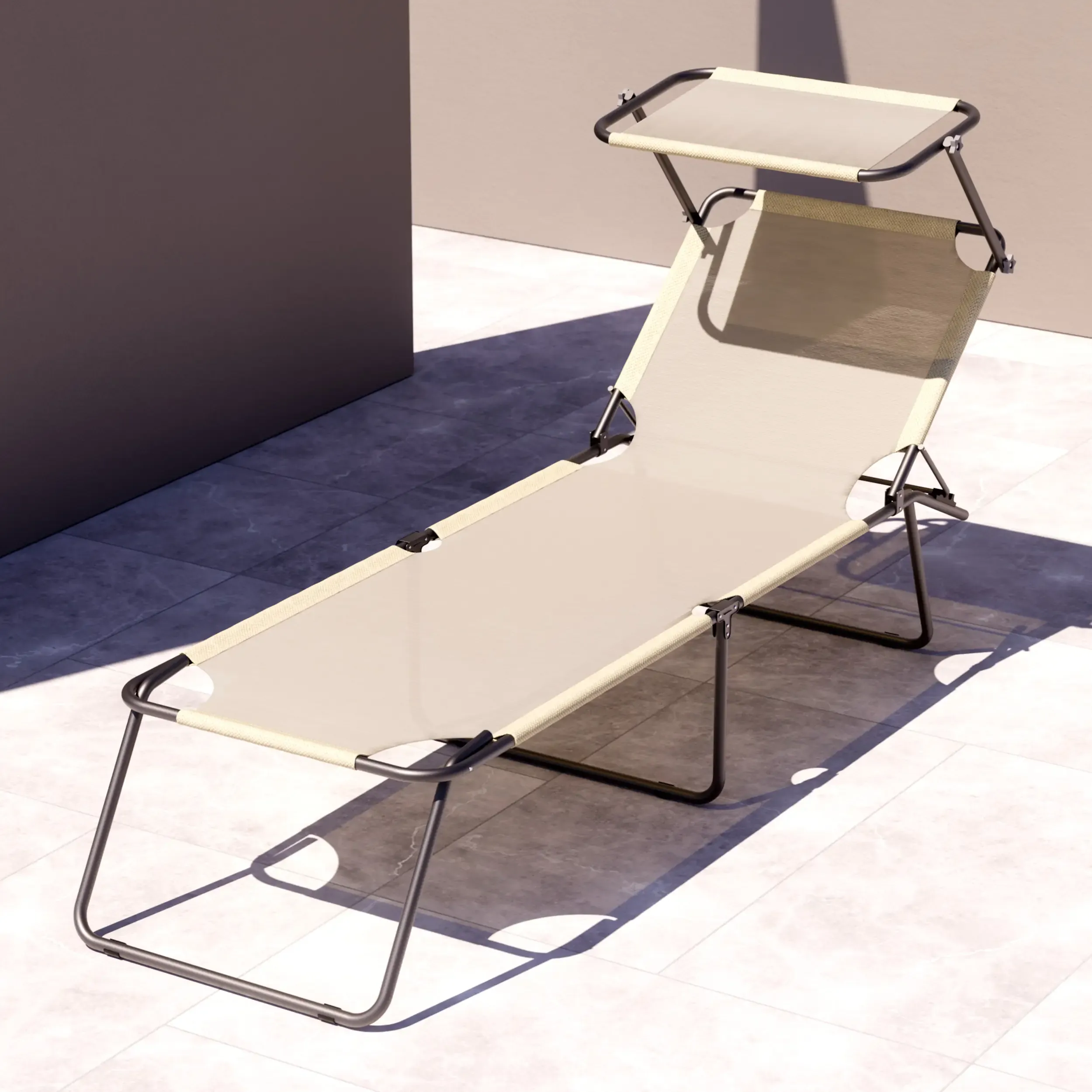 2 Lettini Pieghevoli con Tettuccio Regolabile e Schienale Reclinabile, Struttura in Metallo Nero, Sdraio Prendisole per Spiaggia, Mare, Giardino e Piscina - 187 x 53 x 24 cm (Beige)