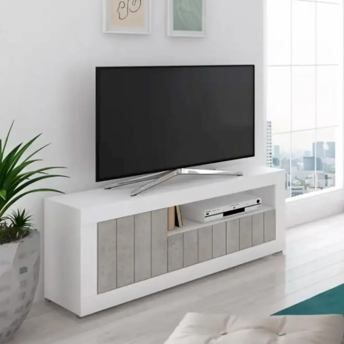 Mobile TV Basso con Anta Laterale e a Ribalta Vano a Giorno Ripiani Mensole interne Design Moderno Senza Maniglie Soggiorno Living Salotto