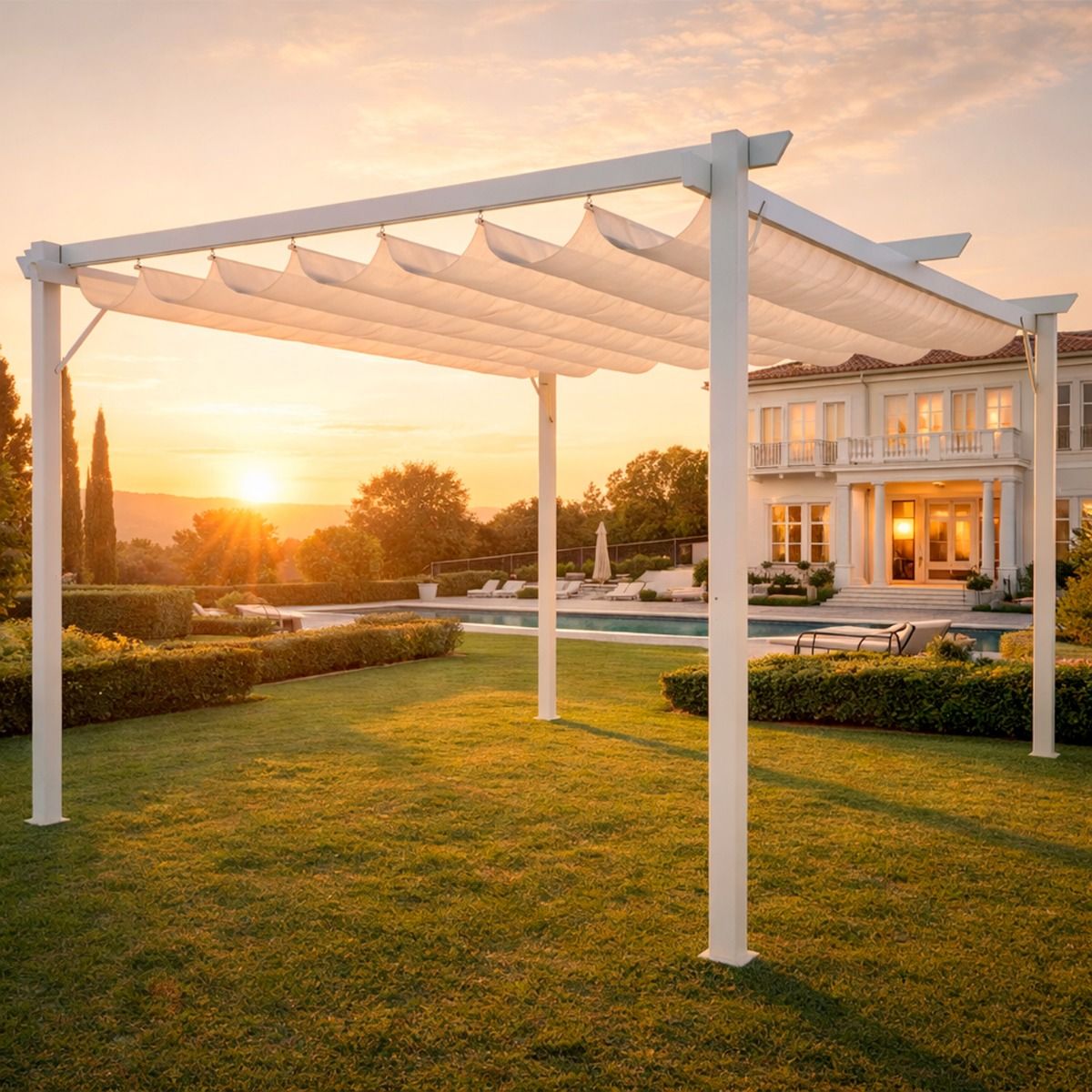 Gazebo Pergola 3 x 3 M Pergolato Con Telo Impermeabile Retrattile Richiudibile Struttura In Acciaio Per Giardino Terrazzo Piscina Esterno Fiere Campeggio Design Elegante Moderno Ninove Colore Bianco