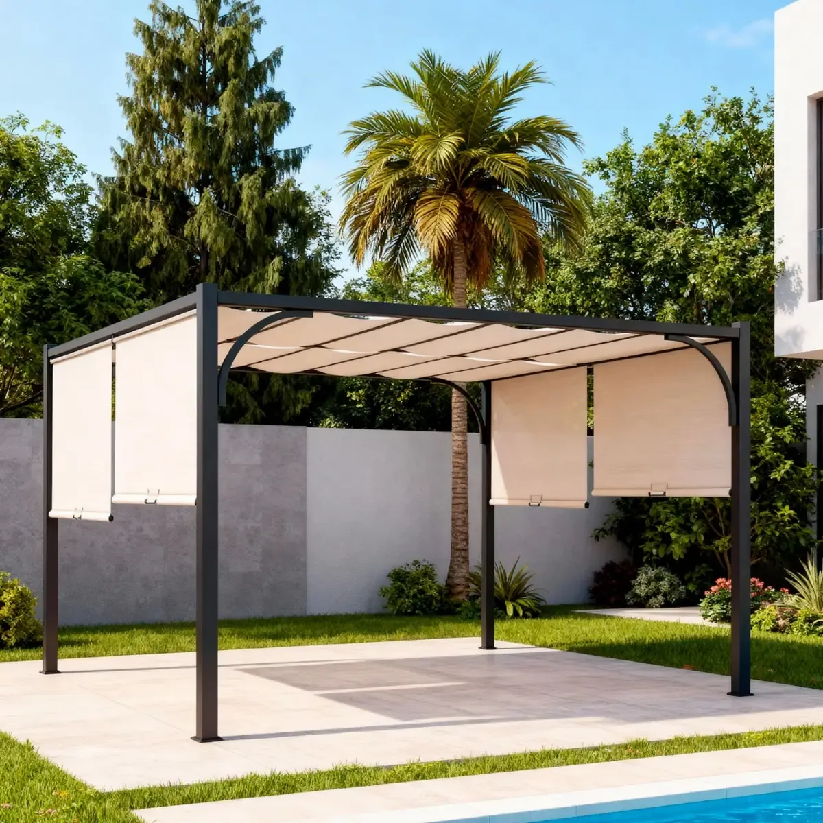Gazebo Pergola 3x4  M Pergolato Con Tetto Scorrevole Telo Colore Beige Impermeabile Retrattile Richiudibile Struttura Nera In Acciaio Giardino Terrazzo Piscina Esterno Campeggio Design Elegante Moderno