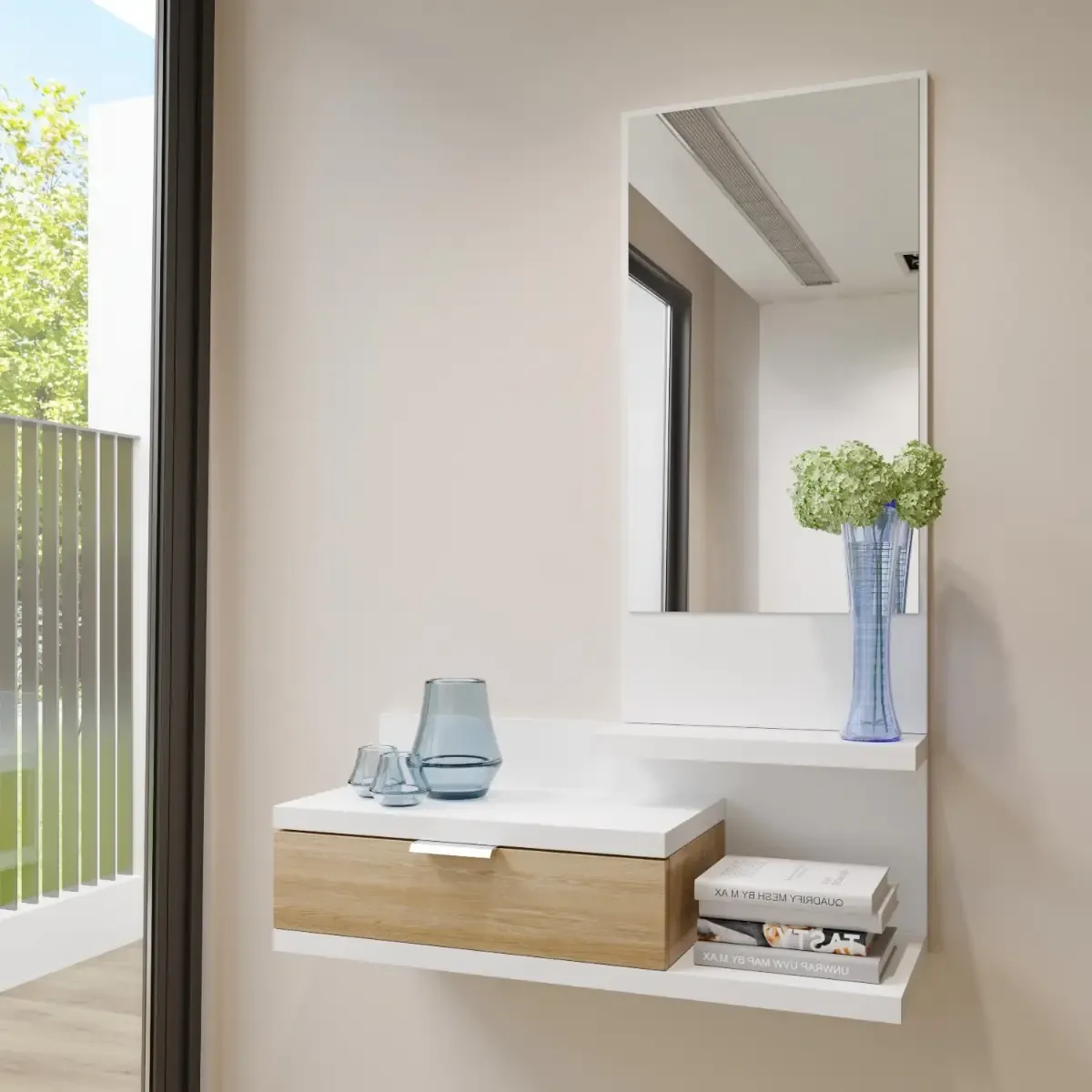 Mobile Ingresso Con Cassetto Specchio E Mensola Design Moderno Salvaspazio Ideale Per Ingresso Soggiorno Con Stile E Funzionalit&agrave; 81 x 116 x 29 Cm Bianco E Rovere