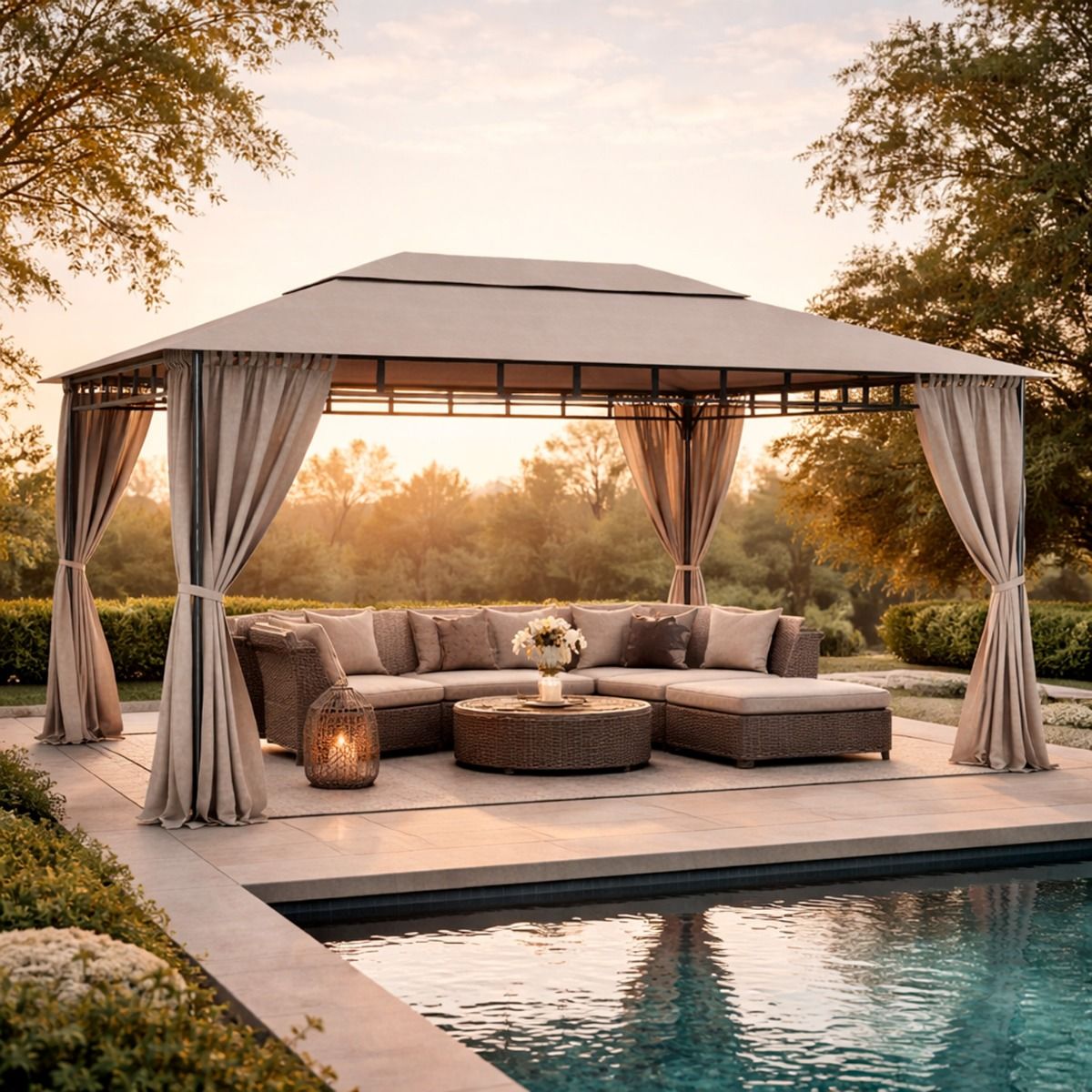 Gazebo Da Giardino 3 x 4 M Con Tende Laterali Richiudibili Struttura In Acciaio Robusto Copertura Impermeabile 180 g/m² Con 4 Teli Laterali Esterno Giardino Piscina Fiere Ombreggiante Privacy Ecrù