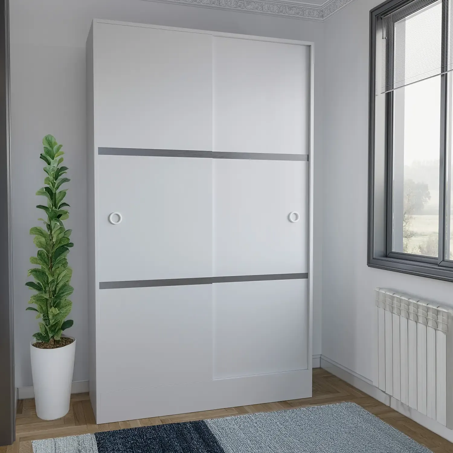Armadio Armadietto Guardaroba Tarragona Resistente Robusto Multiuso con 2 Ante Scorrevoli 1 Barra Appendiabiti 4 Ripiani Camera da Letto Arredo Arredamento 200 x 120 x 50 Cm Colore Bianco Lucido