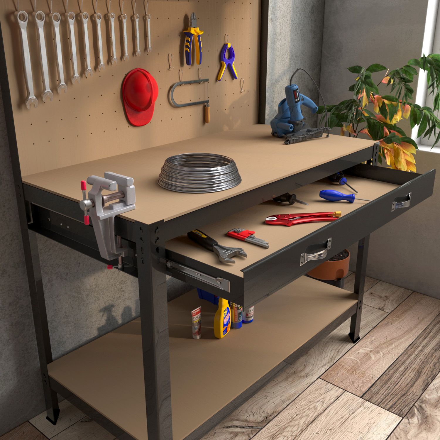 Banco Tavolo Da Lavoro A 3 Livelli Con Piano 120 x 60 Cm Portata Fino a 370 Kg Con Cassetto e Parete Pannello Forato Porta Attrezzi Utensili Ideale Garage Officina Cantina Capannone Magazzino Nero