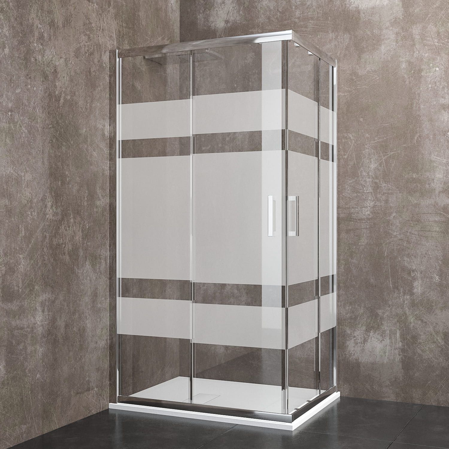Box Doccia Rettangolare Cabina Bagno Con Porte Scorrevoli Ante In Cristallo Temperato Serigrafato Struttura Alluminio Anodizzato Maniglie in Acciaio Cromato Ginevra