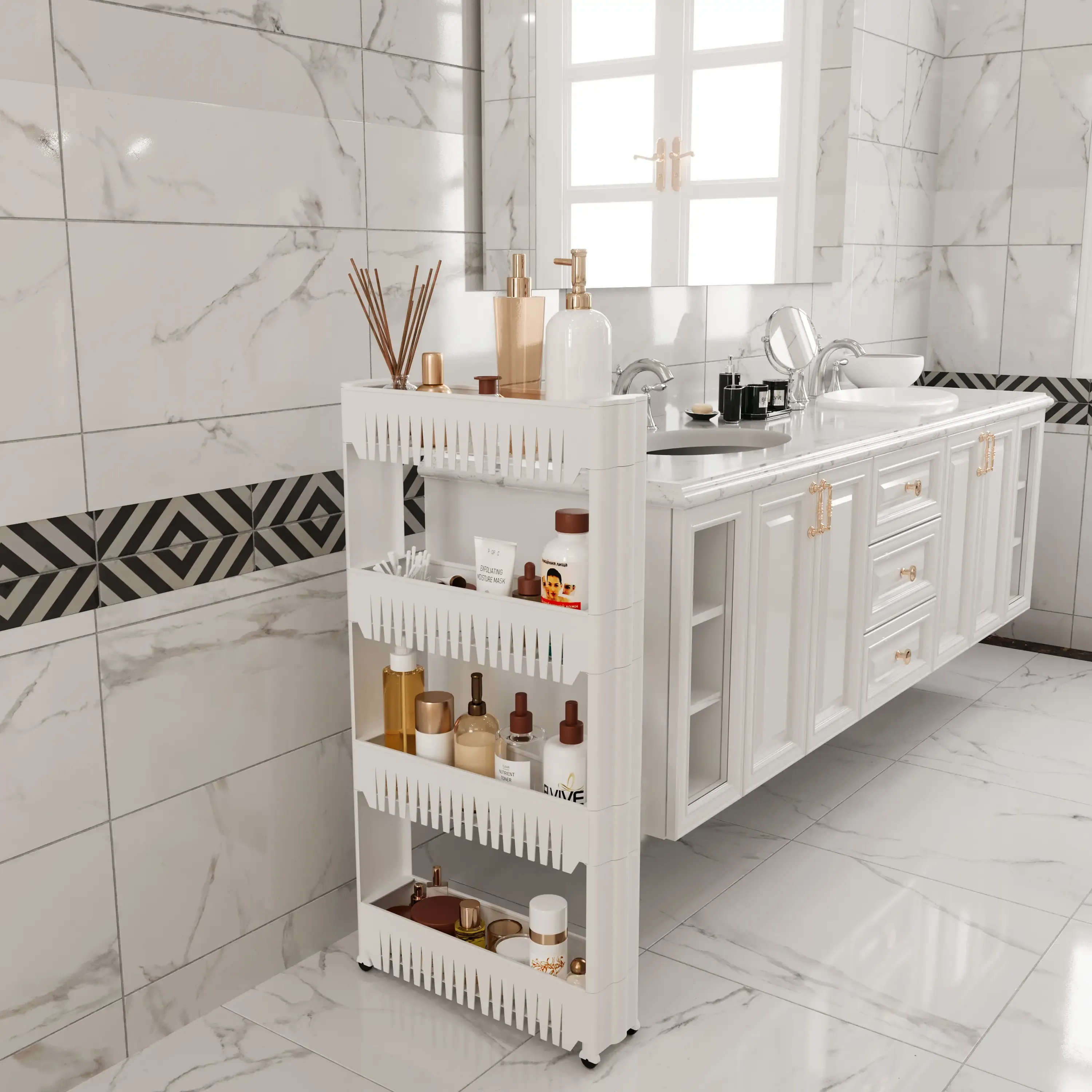 Carrellino con 4 Ripiani Salvaspazio Scaffale Portaoggetti Per Cucina Soggiorno Bagno Portaoggetti Con Rotelle 54 x 12,5 x 103 cm Colore Bianco