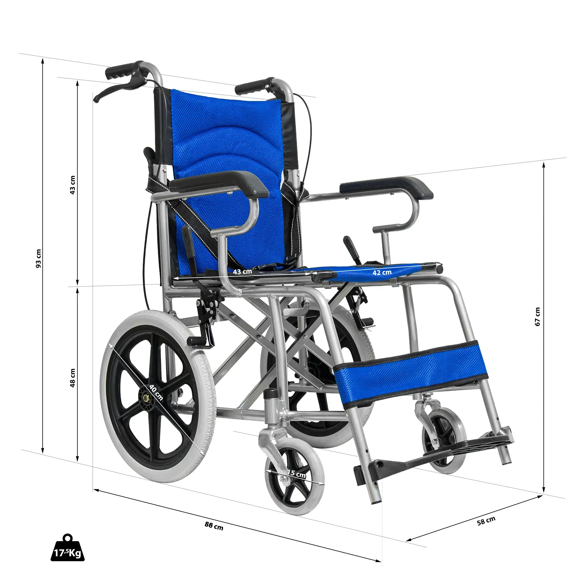 Carrozzina Pieghevole Per Disabili Sedia a Rotelle A Spinta Assistita Con Leva Freno, Ruote in PU / PVC, Telaio In Alluminio a Doppia Crociera, Tasca Portaoggetti, 86 x 58 x 93 cm Portata 150 kg, Blu