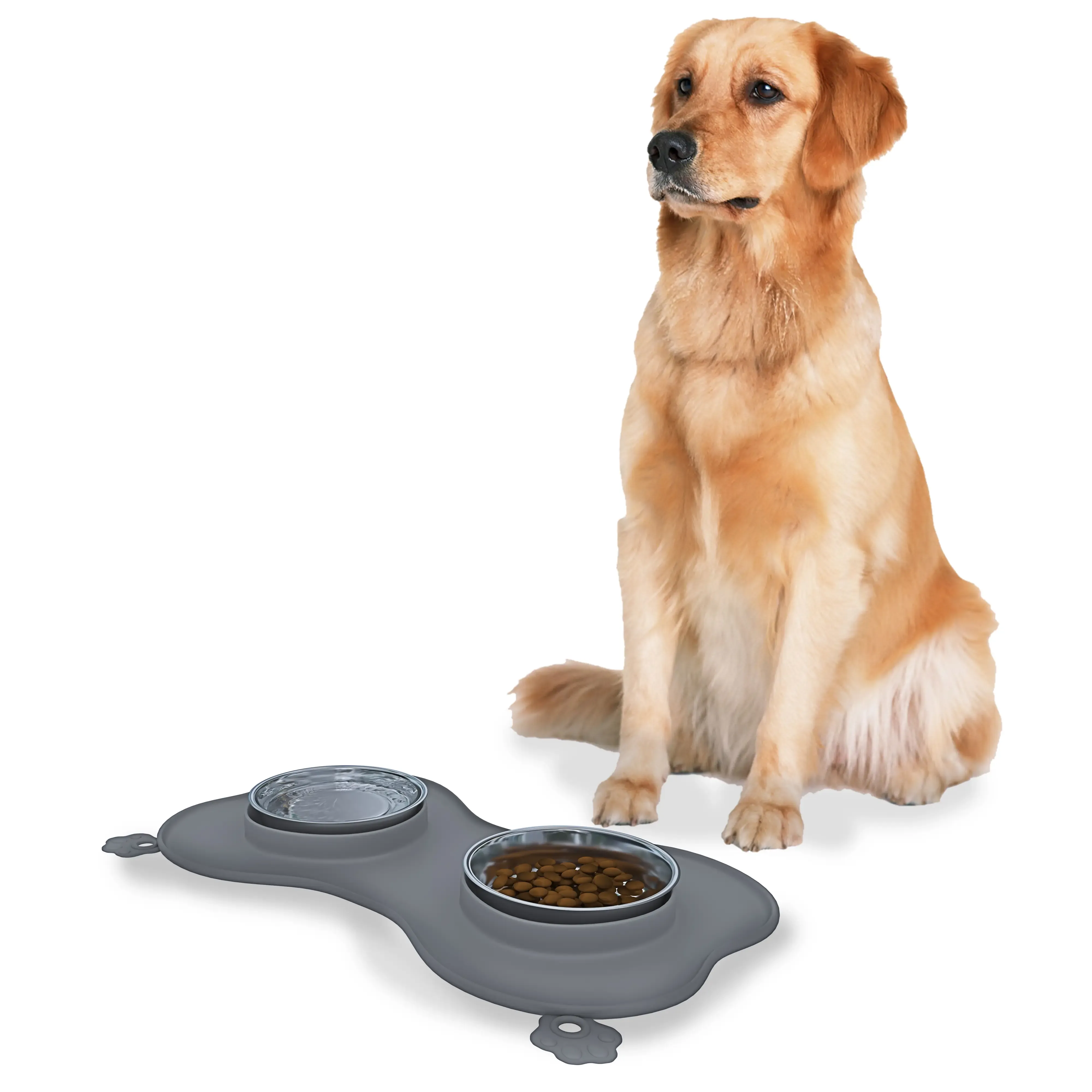 Ciotole Per Cani Gatti 3 In 1 Doppia Ciotola In Acciaio Inox Cibo Croccantini Alimentazione Acqua Tappetino In Silicone Sottociotola Antiribaltamento Antiscivolo Con Ventose (35 x 25 Cm, Grigio)