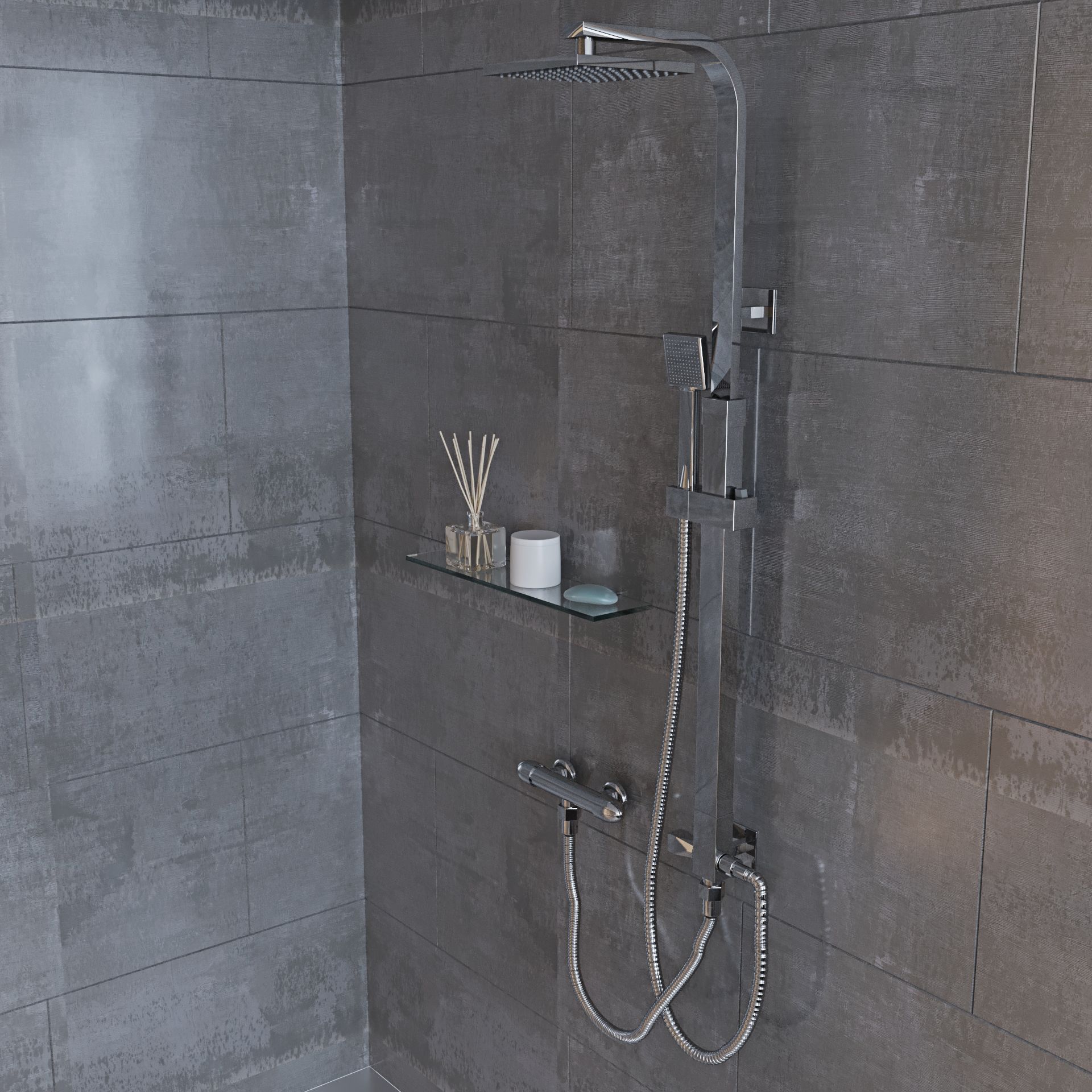 Colonna Doccia Completa In Ottone Cromato Soffione Quadrato Doccetta Set Design Moderno Multifunzione Getto A Pioggia Senza Miscelatore Asta Regolabile