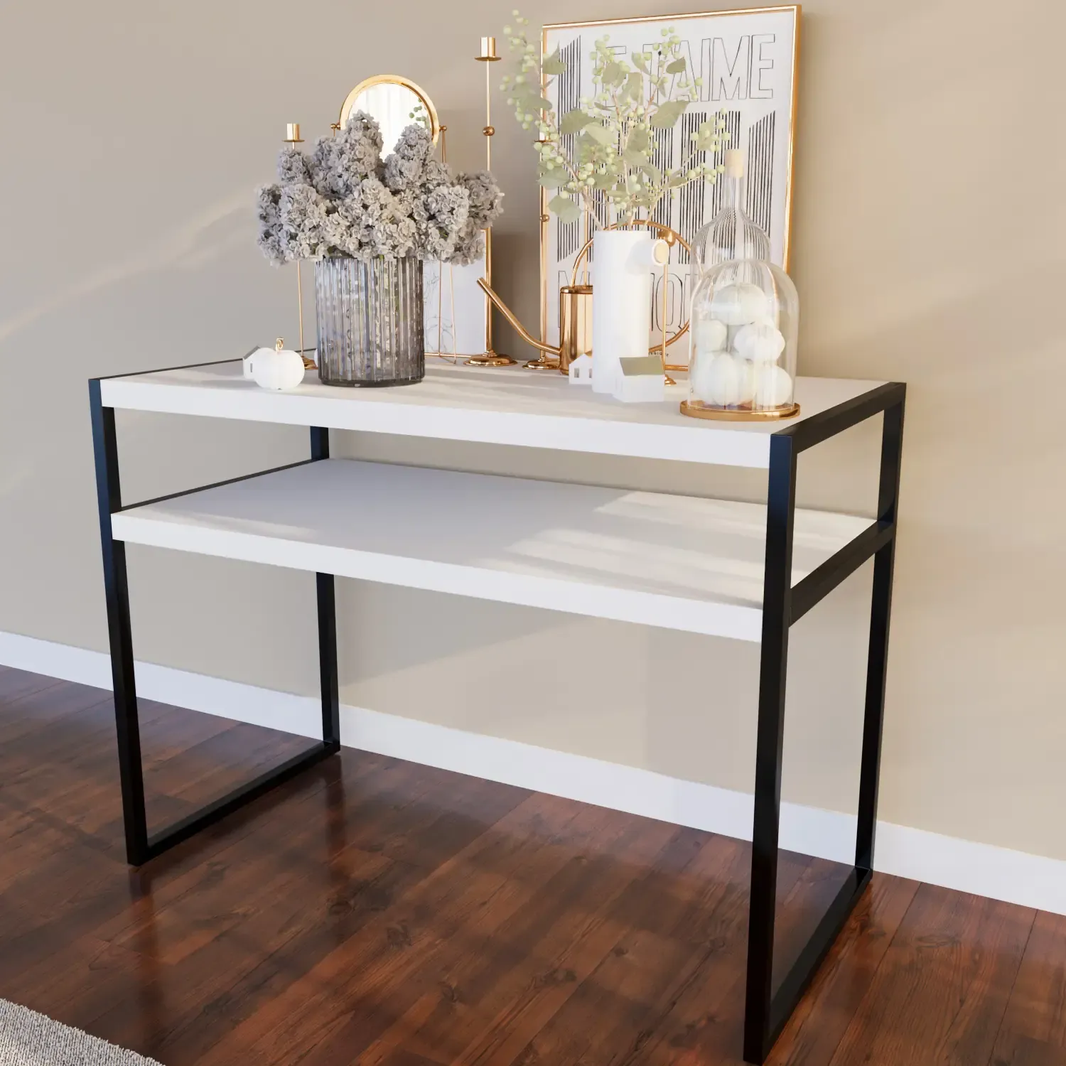 Consolle Con Ripiano Tavolo Da Ingresso Salotto Tavolino Stretto Per Sala Da Pranzo Soggiorno In Legno Con Gambe In Metallo Design Elegante E Moderno Skive 110 x 80 x 40 Cm (Bianco Lucido Laccato)