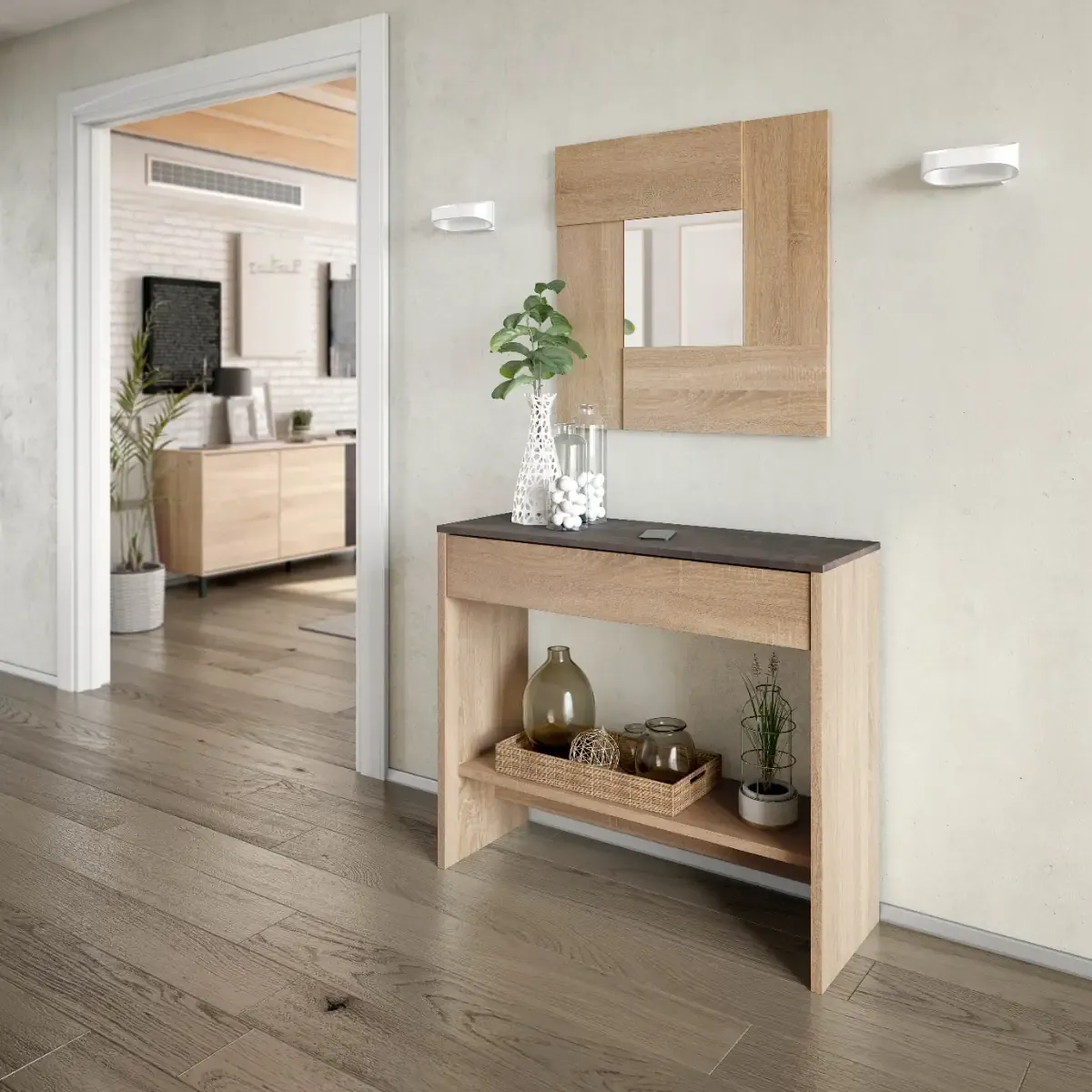 Consolle Mobile Ingresso Con Cassetto Ripiano E Specchio Quadrato Design Salvaspazio Moderno Per Soggiorno Camera Cameretta Corridoio Arredo Casa 92 x 33 x 79 cm Rovere