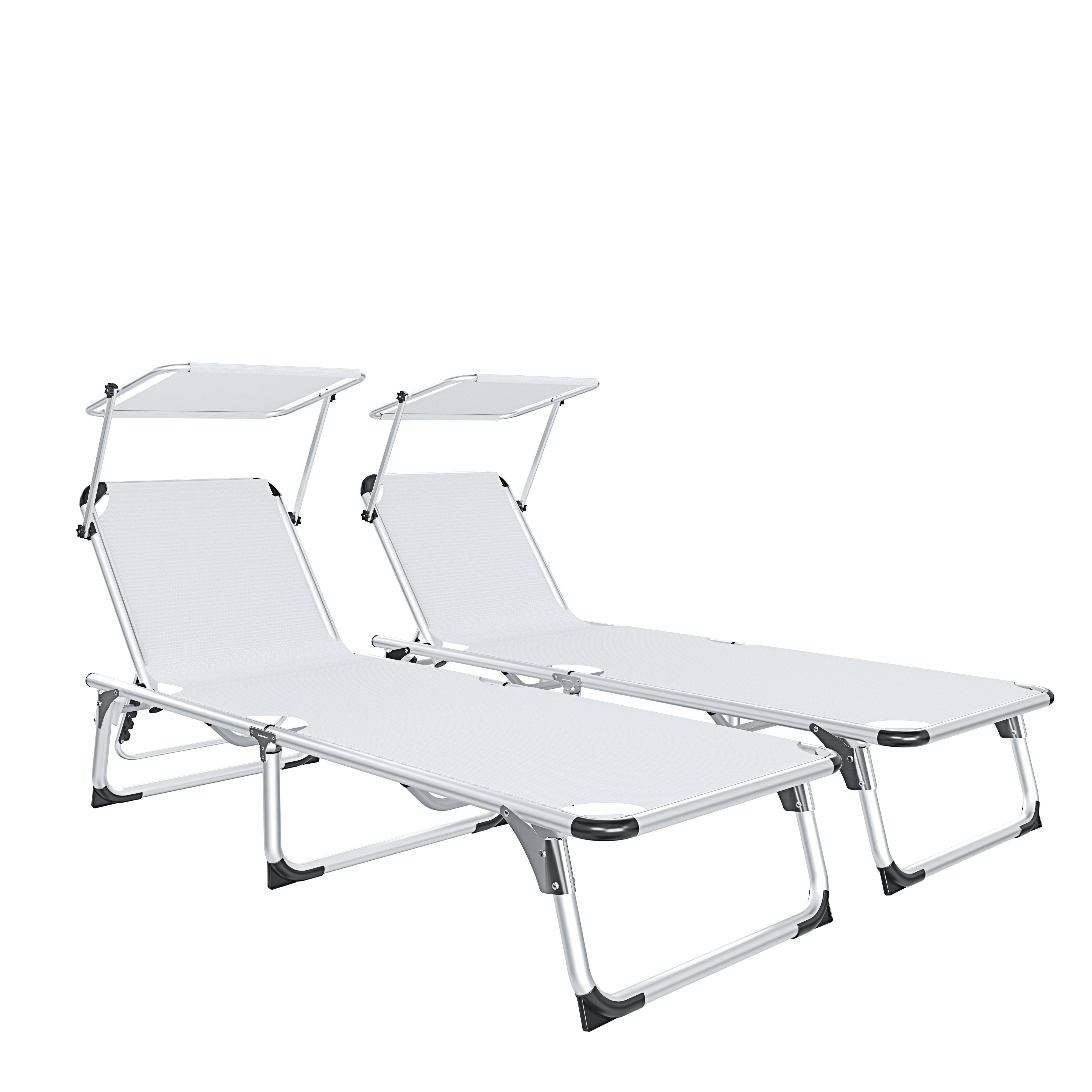 Coppia di Lettini Pieghevoli Prendisole Con Tettuccio Parasole Schienale Reclinabile Regolabile Struttura Metallo Sedia Sdraio Spiaggia Giardino Piscina