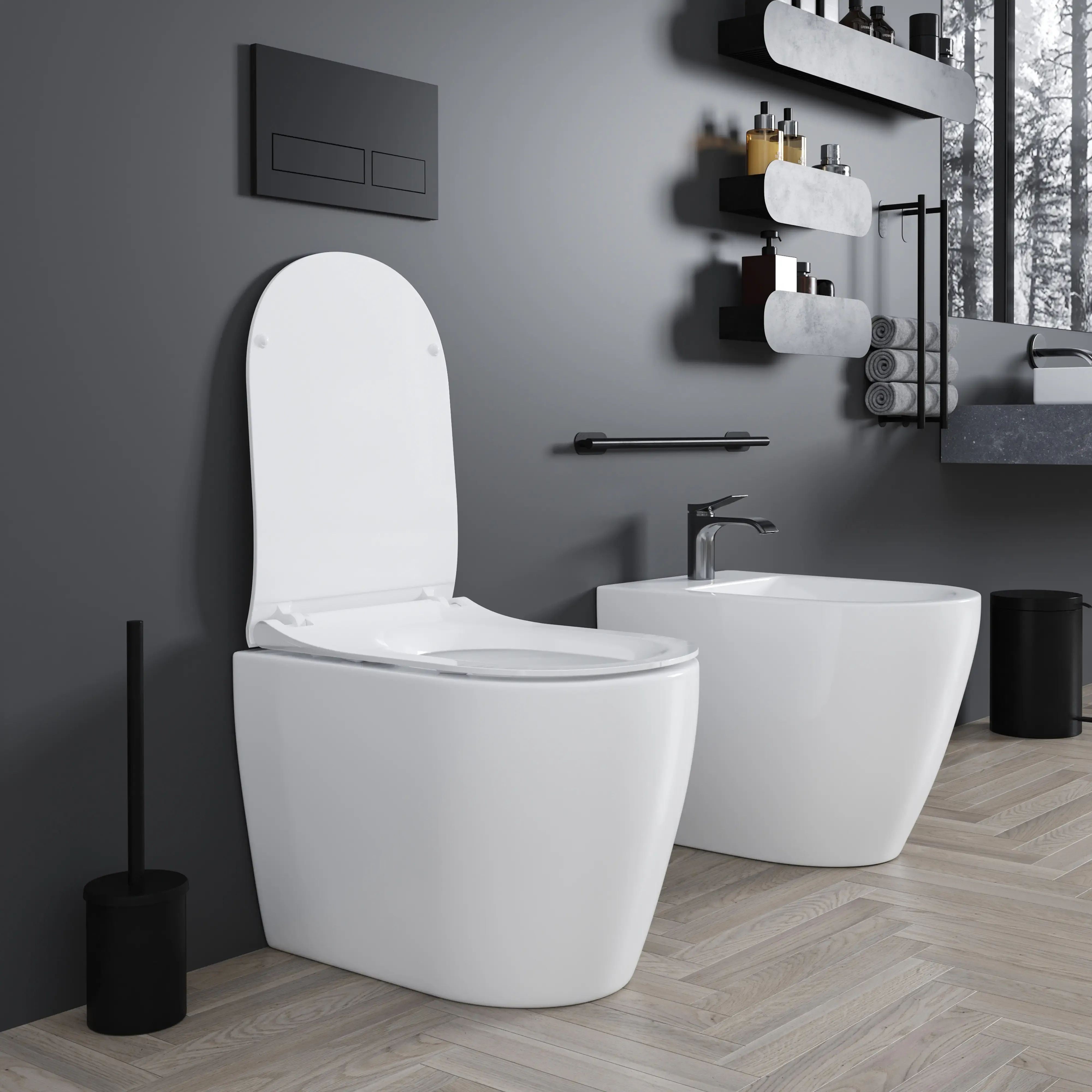 Coppia Sanitari Filomuro Filo Muro Filo Parete Vaso WC E Bidet Design Moderno In Ceramica Con Copriwater Chiusura Soft Close Chiusura Rallentata Colore Bianco