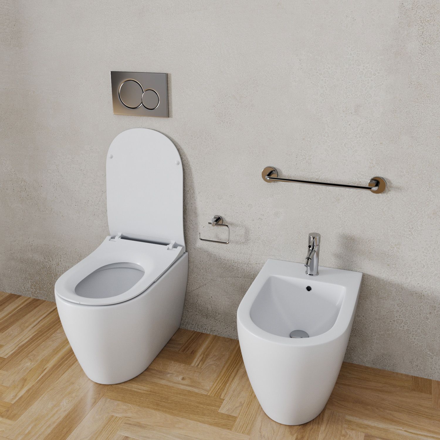 Coppia Sanitari Filomuro Filo Muro Filo Parete Vaso WC E Bidet Design Moderno In Ceramica Con Copriwater Chiusura Soft Close Chiusura Rallentata Colore Bianco Opaco