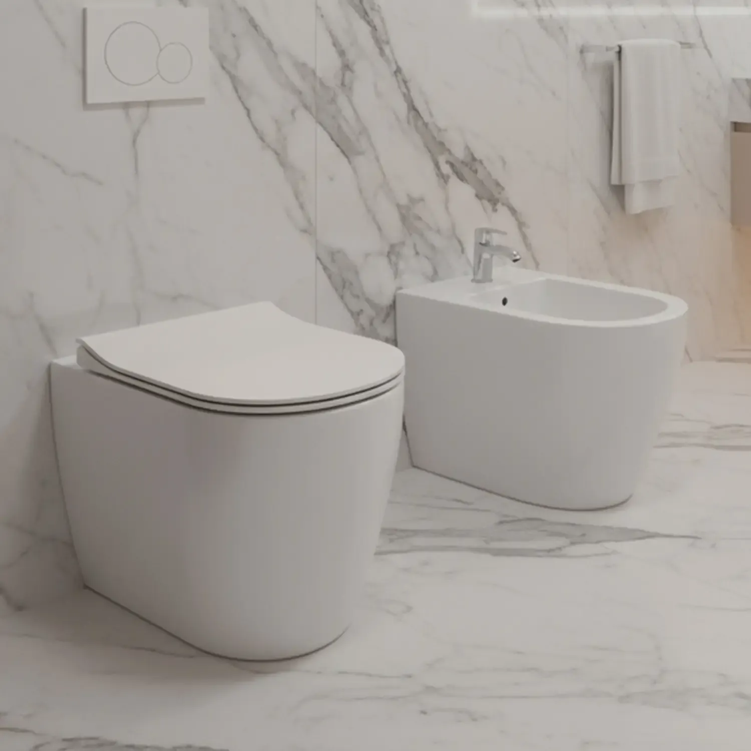 Coppia Sanitari Filomuro Filo Muro Filo Parete Vaso WC Rimless Senza Brida Tornado Flush E Bidet Design Moderno In Ceramica Con Copriwater Chiusura Soft Close Rallentata Bianco Opaco