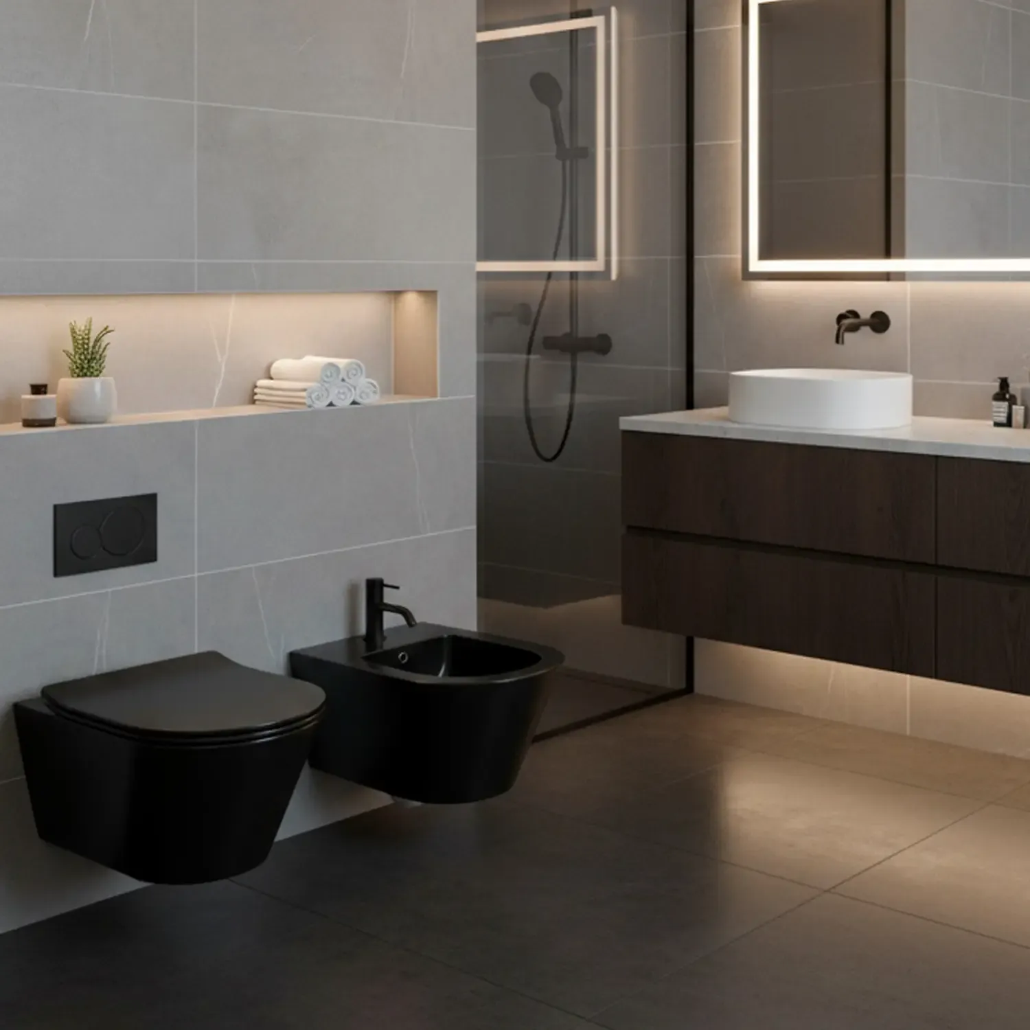 Coppia Sanitari Sospesi Vaso WC Rimless Con Tornado Flush E Bidet Sospeso Design Moderno Tondo In Ceramica Con Copriwater Chiusura Soft Close Rallentata (Nero Opaco)