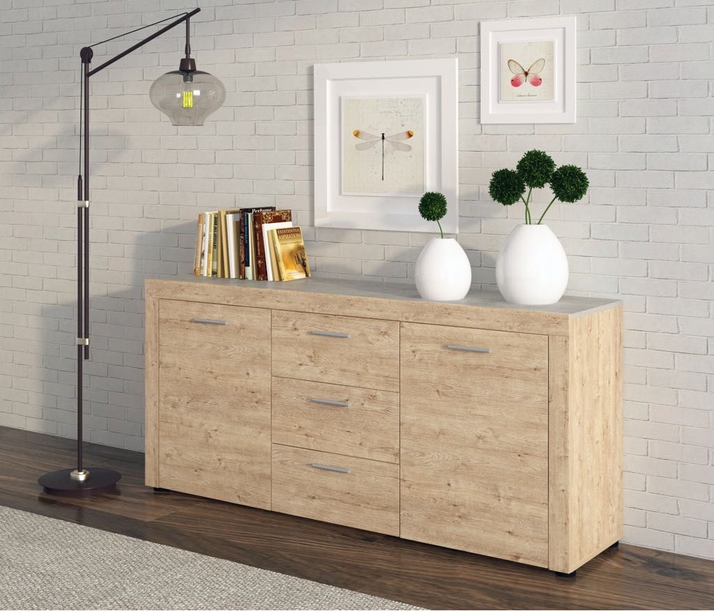 Credenza Madia Con 3 Cassetti E 2 Ante Laterali Mobile Contenitore Per Sala Da Pranzo Design Moderno Effetto Legno Naturale Stile Elegante Soggiorno Corridoio