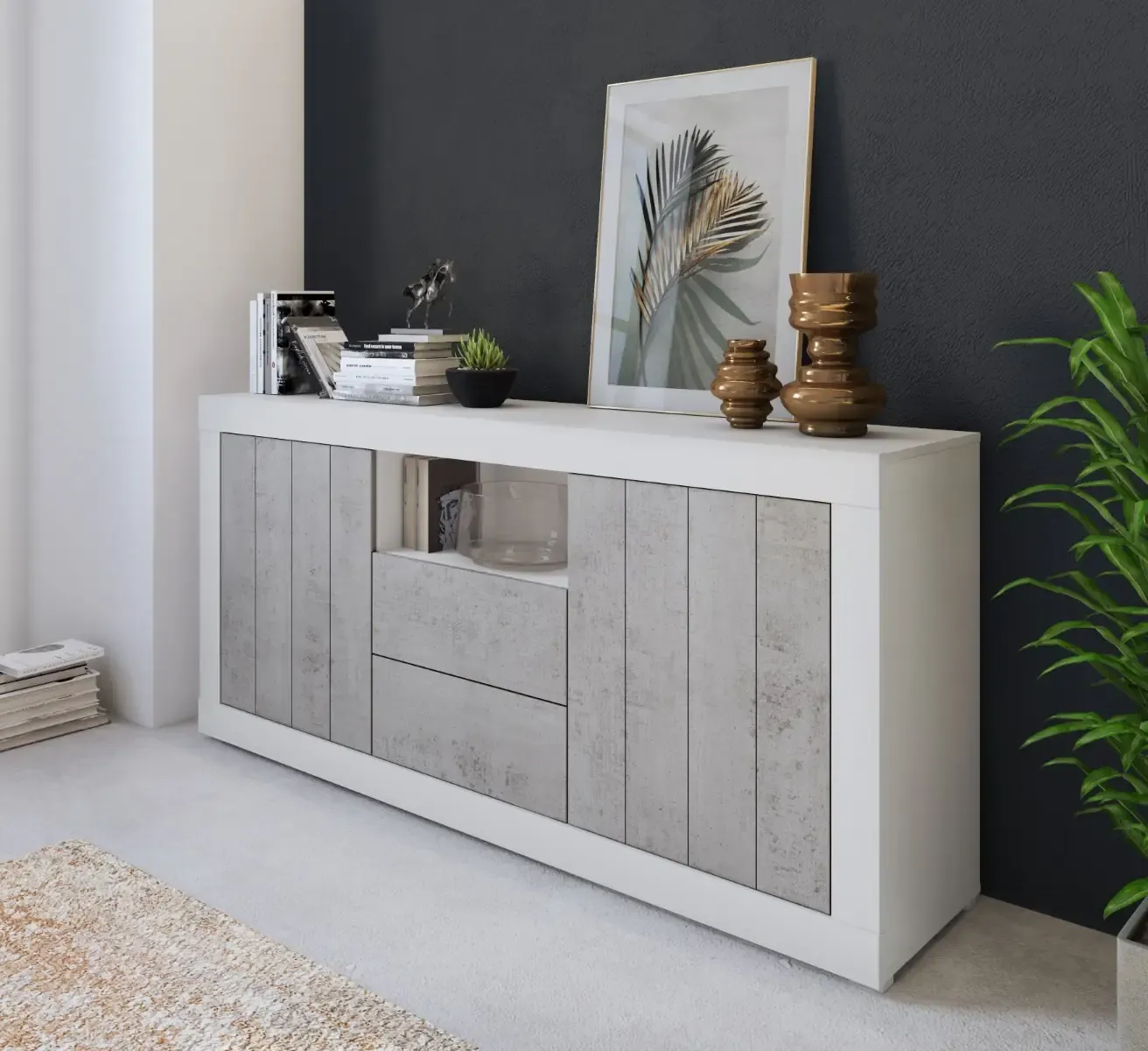 Credenza Moderna Madia Con 2 Ante 2 Cassetti Vano A Giorno Mobile Sala Da Pranzo Soggiorno Ingresso Corridoio Design Minimal Senza Maniglie 184 x 86 x 42 Cm Bianco E Grigio Cemento 