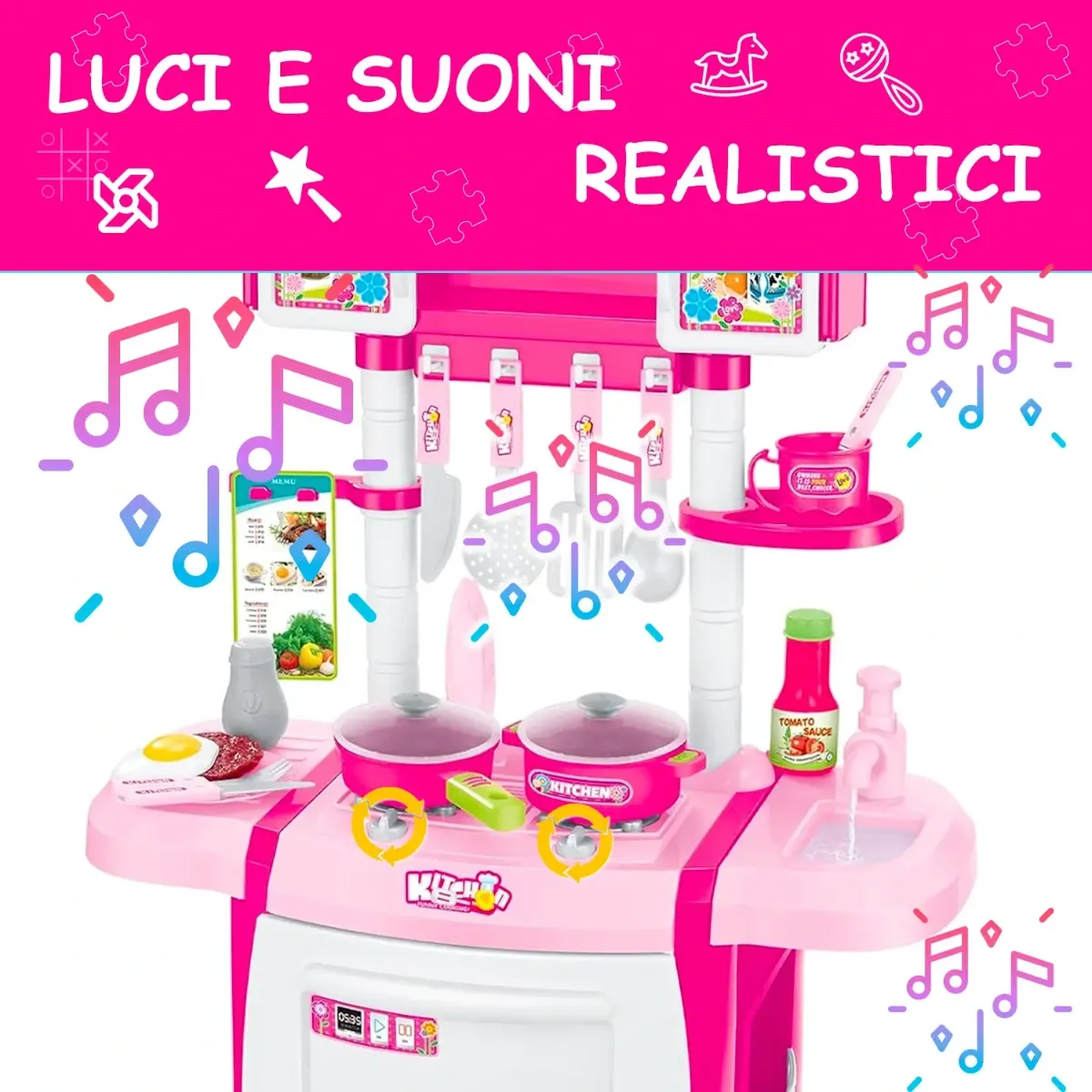 Cucina Giocattolo per Bambini con Luci e Suoni Realistici 18 Accessori Rubinetto con Sistema di Riciclo Dell'Acqua e Forno Apribile Set Cucina Educativo per Bambini Dai 3–8 Anni